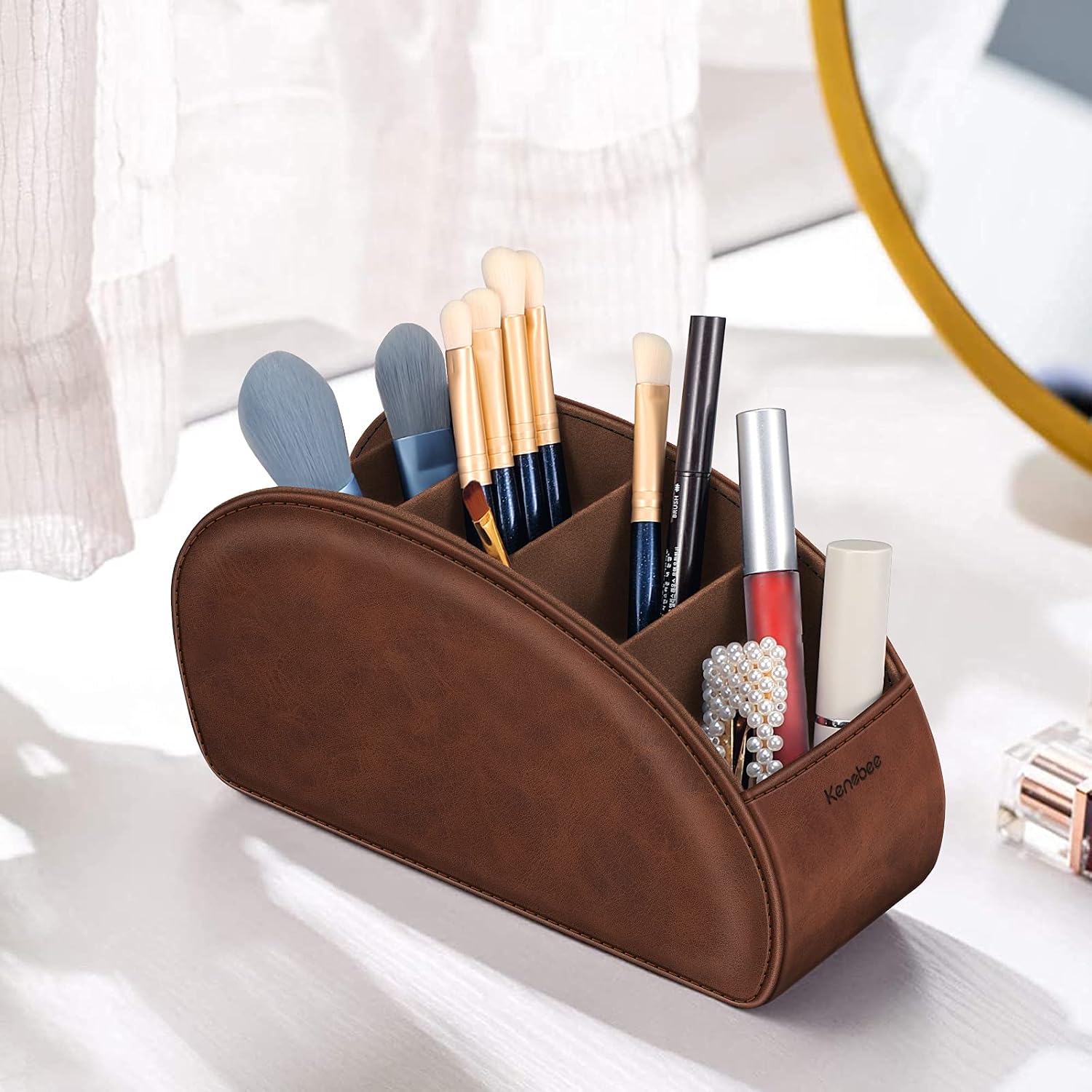 Remote control holder with 5 compartments, brown | vegan leather, anti-slip, desktop caddy storage organizer, for office supplies, makeup brush, media accessories - view 4