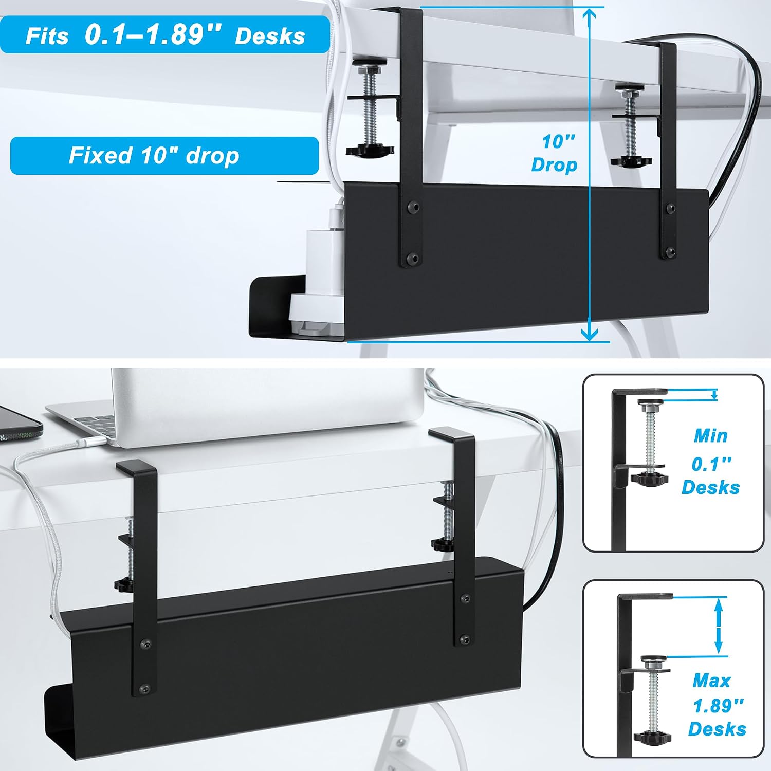 16.5in Steel Cable Management Under Desk Tray, Large Clamp-On Under Table Cord Hider Tray, No Drill Cable Organizer for Desk, Wire Management Raceway, Black Rack, W3in x H4.7in - view 3