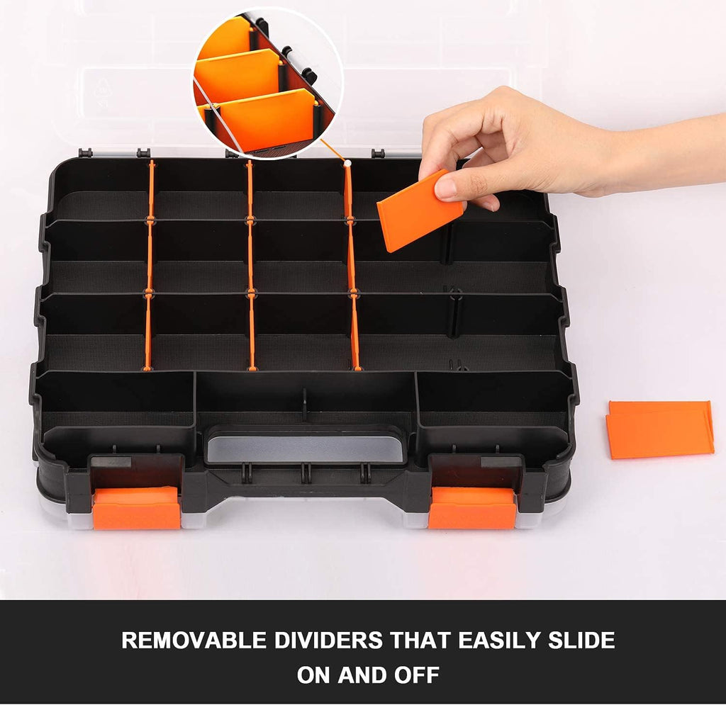 Double Side Tools Organizer, Customizable Removable Plastic Dividers, Hardware Box Storage, Excellent for Screws,Nuts,Small Parts, 34-Compartment, Black/Orange,12.6"L x 10.6"W x 3.2"H - view 6