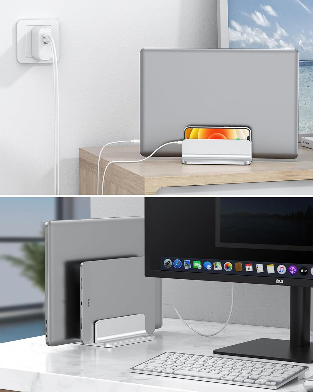 Dual vertical desk laptop stand holder, fits MacBook Air/Pro, silver | aluminum laptop storage rack for desk, adjustable dock for up to 17.3 in. gaming laptop, space-saving desk organizer - view 6