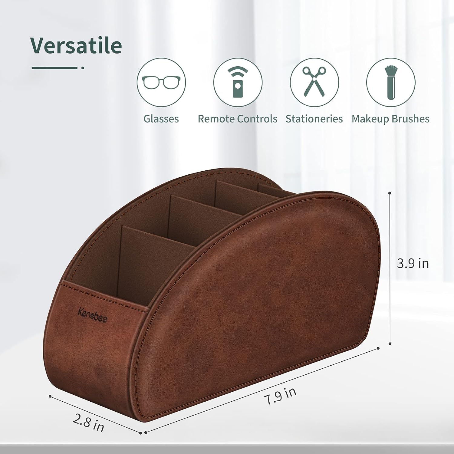 Remote control holder with 5 compartments, brown | vegan leather, anti-slip, desktop caddy storage organizer, for office supplies, makeup brush, media accessories - view 6