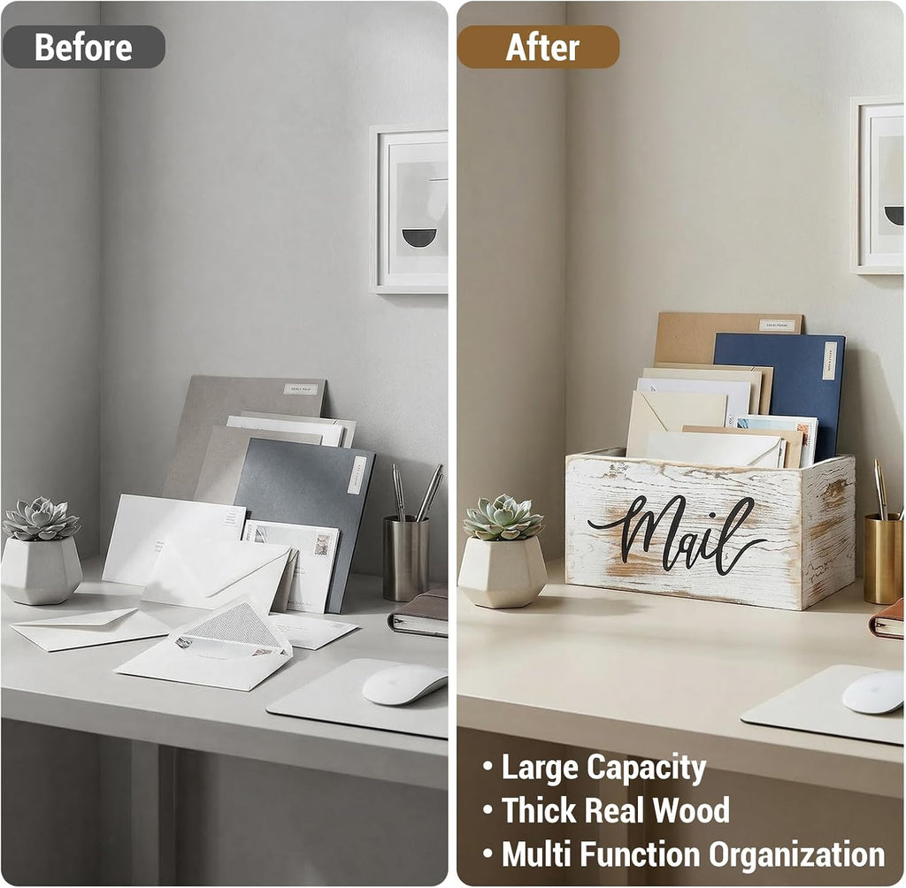 Whitewashed Wood Mail Holder Organizer Box With MAIL Design | MAIL Script Detail, Keeps Correspondence Organized, Desktop Accent, Easy Access, Compact Design, Home Office Essential - view 5