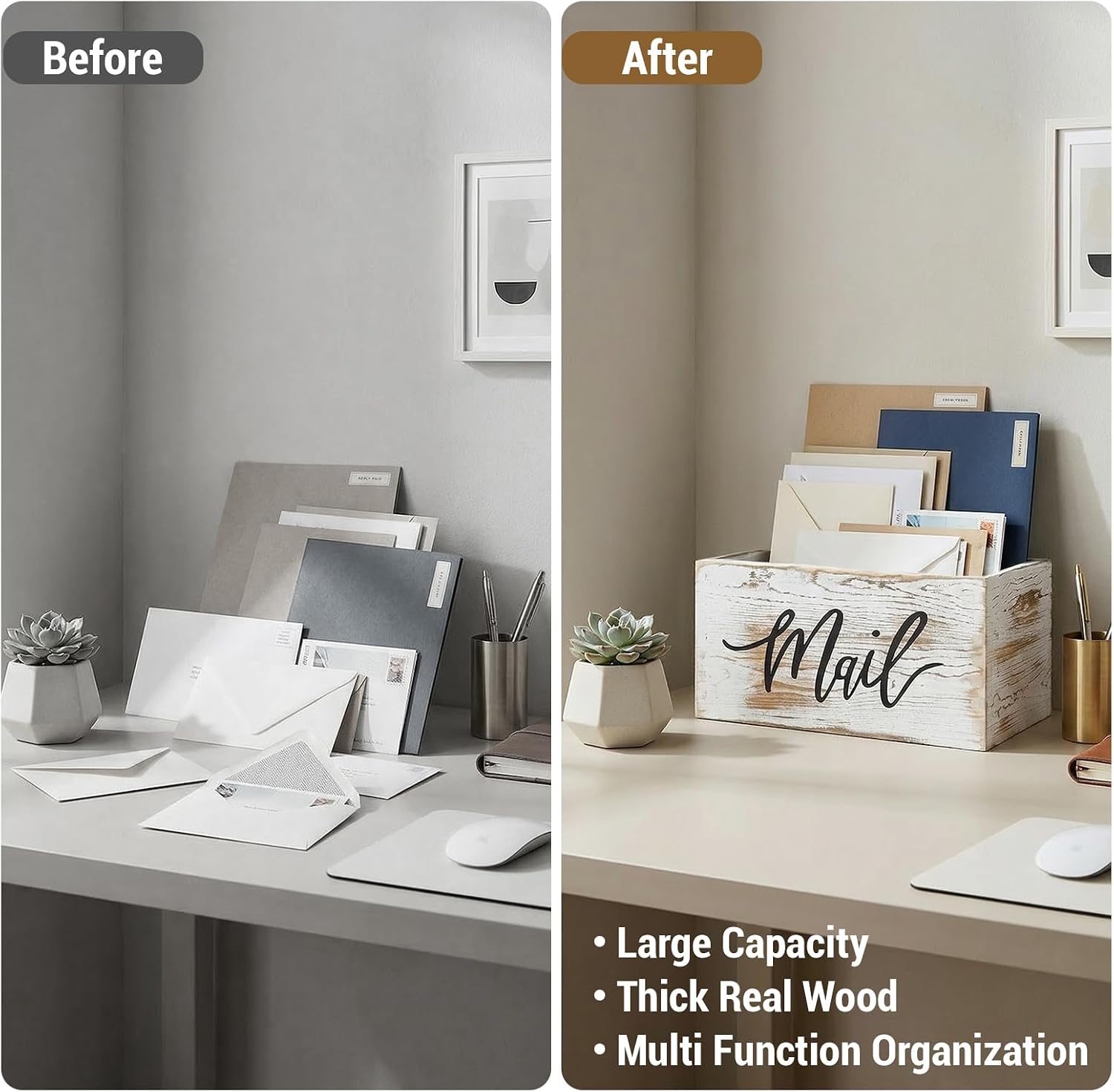 Whitewashed Wood Mail Holder Organizer Box With MAIL Design | MAIL Script Detail, Keeps Correspondence Organized, Desktop Accent, Easy Access, Compact Design, Home Office Essential - view 5