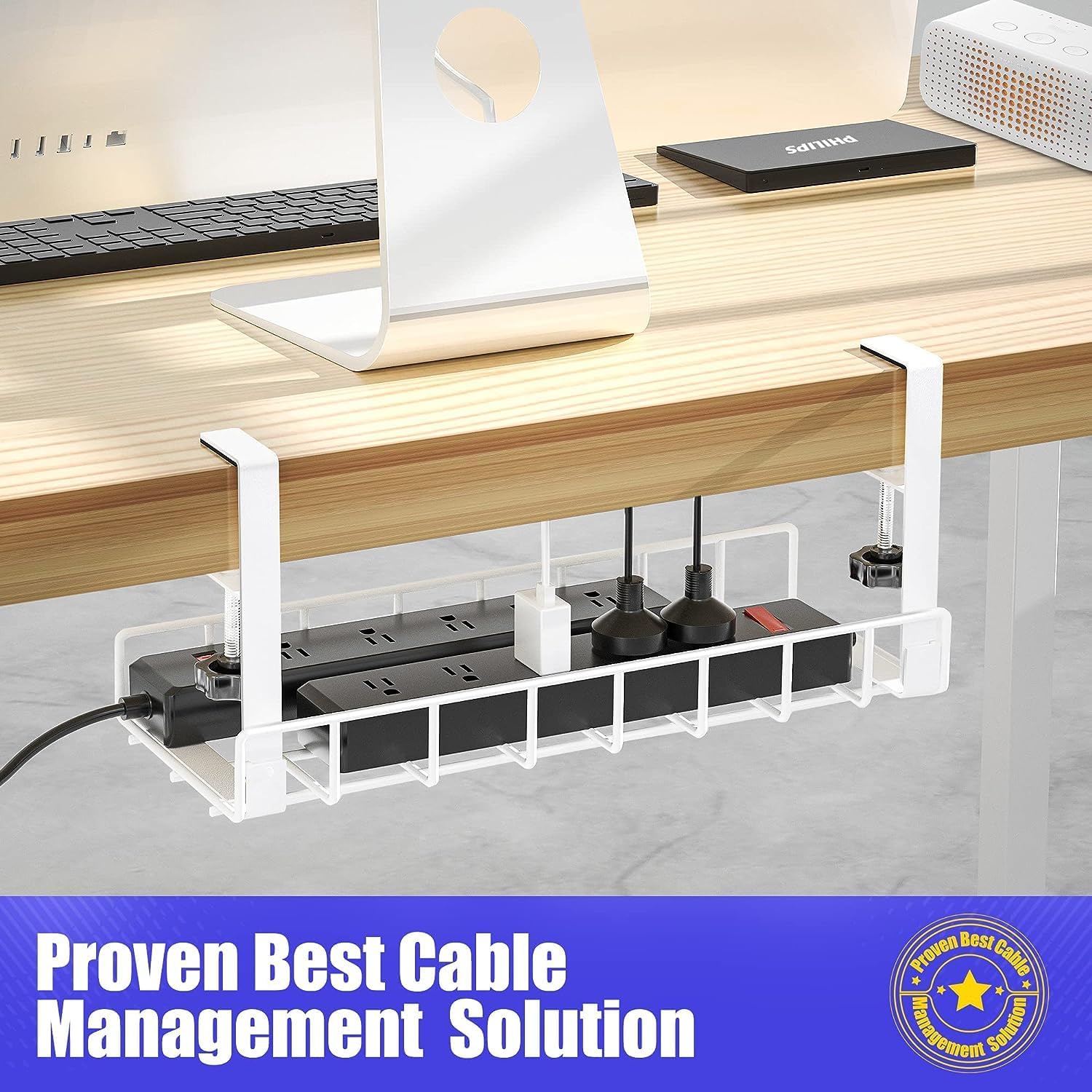 Under Desk Cable Management Tray, Upgraded Wire Management No Drill No Screws, Cable Tray with Clamp for Wire Organizers, Computer Cord Rack for Office, Home - No Damage to Desk White - view 6