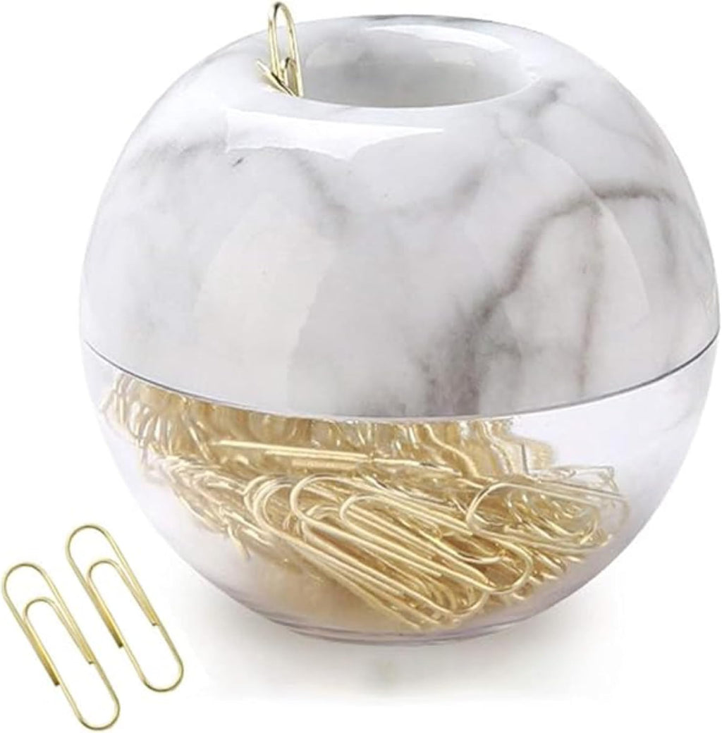 NE-Clip-Marble-Round Paper Clips in Elegant Magnetic Marble White Clip Holder, 28mm, Gold, 100 Clips Per Box | Cute Paperclip Desk Organizer with 100 Pcs 28mm Gold Clips for Office, School and Home Accessories