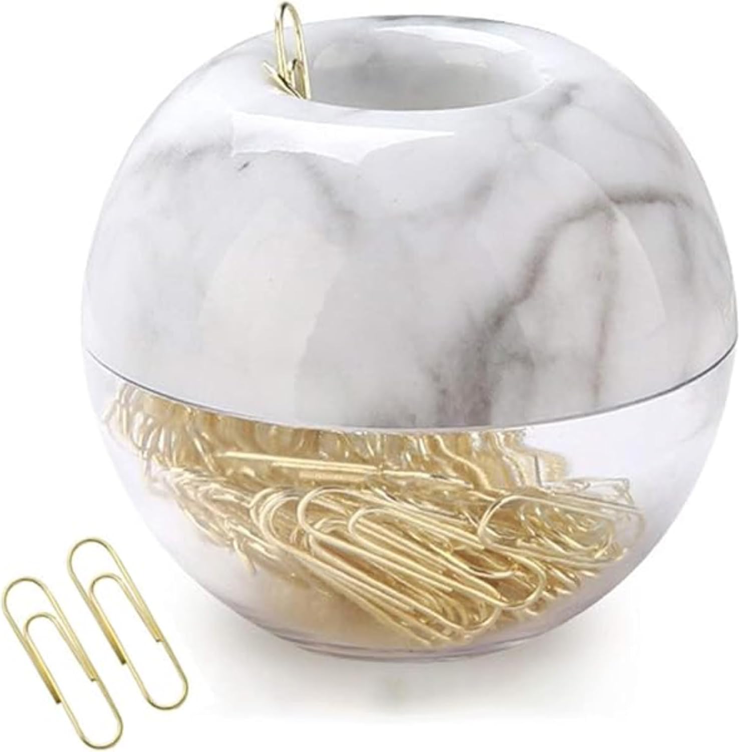 NE-Clip-Marble-Round Paper Clips in Elegant Magnetic Marble White Clip Holder, 28mm, Gold, 100 Clips Per Box | Cute Paperclip Desk Organizer with 100 Pcs 28mm Gold Clips for Office, School and Home Accessories