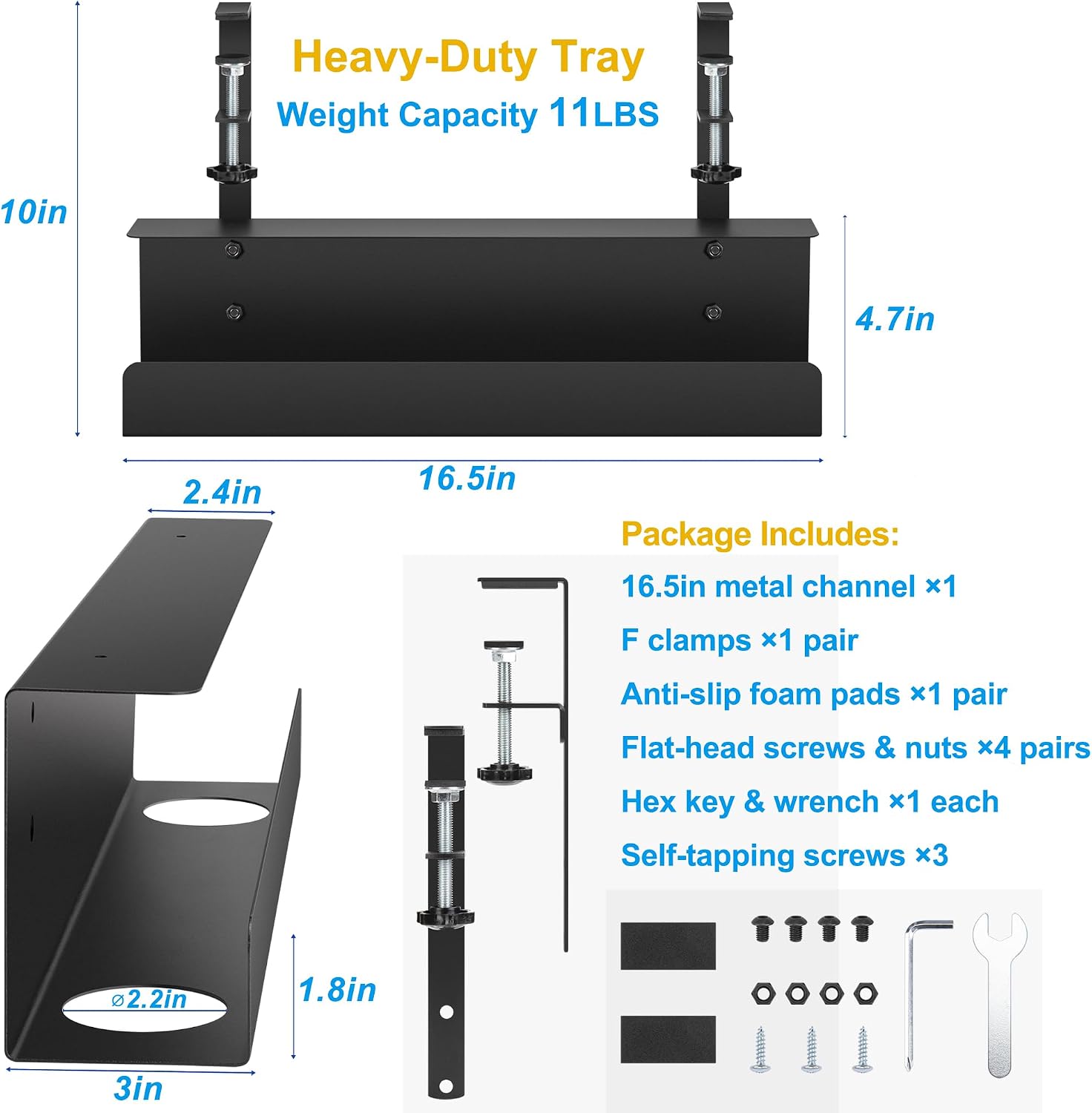 16.5in Steel Cable Management Under Desk Tray, Large Clamp-On Under Table Cord Hider Tray, No Drill Cable Organizer for Desk, Wire Management Raceway, Black Rack, W3in x H4.7in - view 4