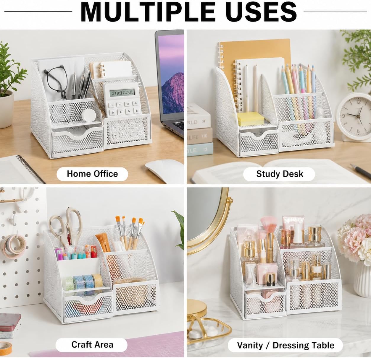 Desk Organizer 7 Compartments Metal Mesh Pen Holder Caddy White | Compact White Desktop Storage for Notes Clips Scissors Rulers Craft Tools Makeup Study and Home Use - view 5