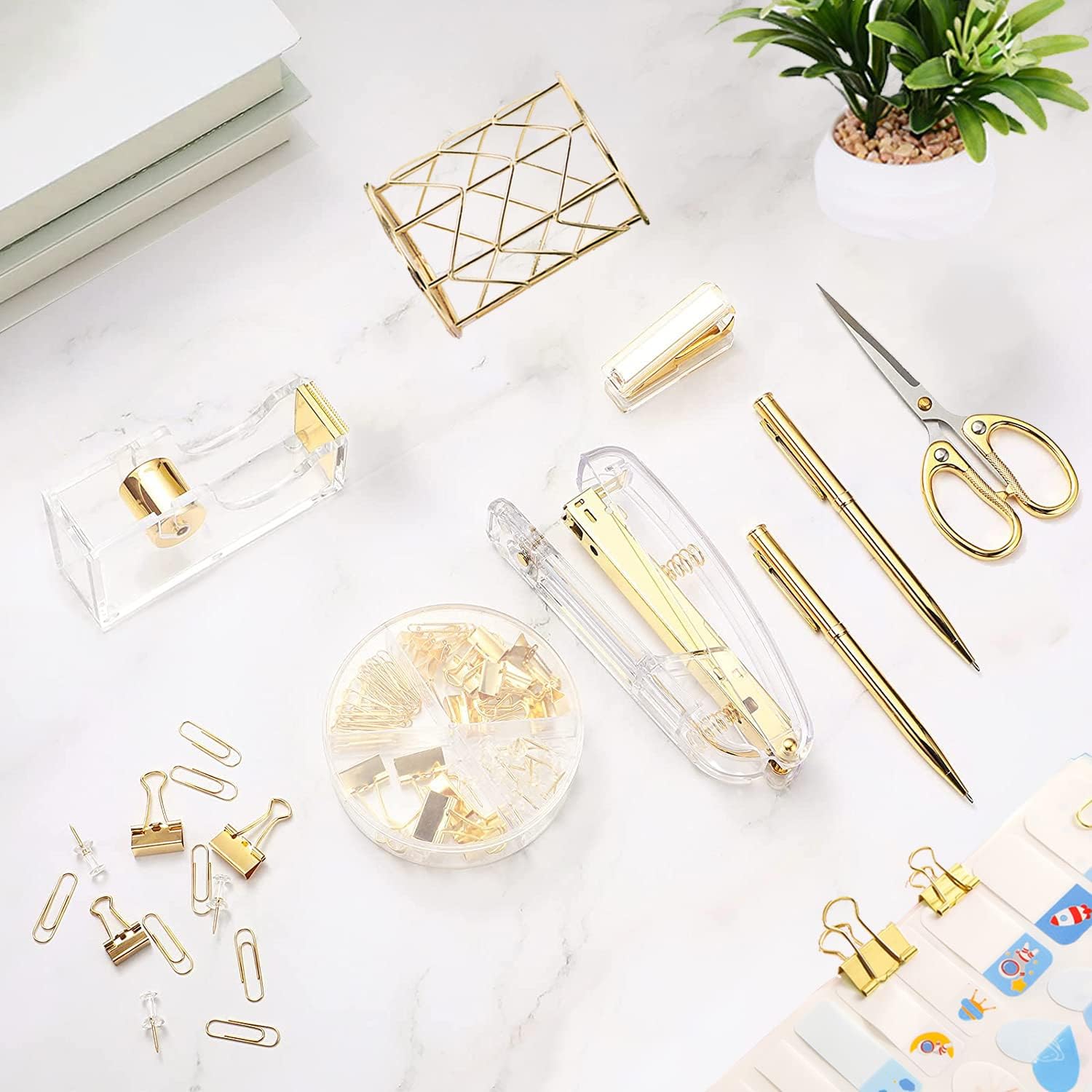 Gold Desk Accessories，Office Supplies Set Acrylic Stapler Set Staple Remover, Tape/Pen Holder, 2 Ballpoint Pen, Scissor, Binder/Paper Clips and 1000pcs Staples. - view 7