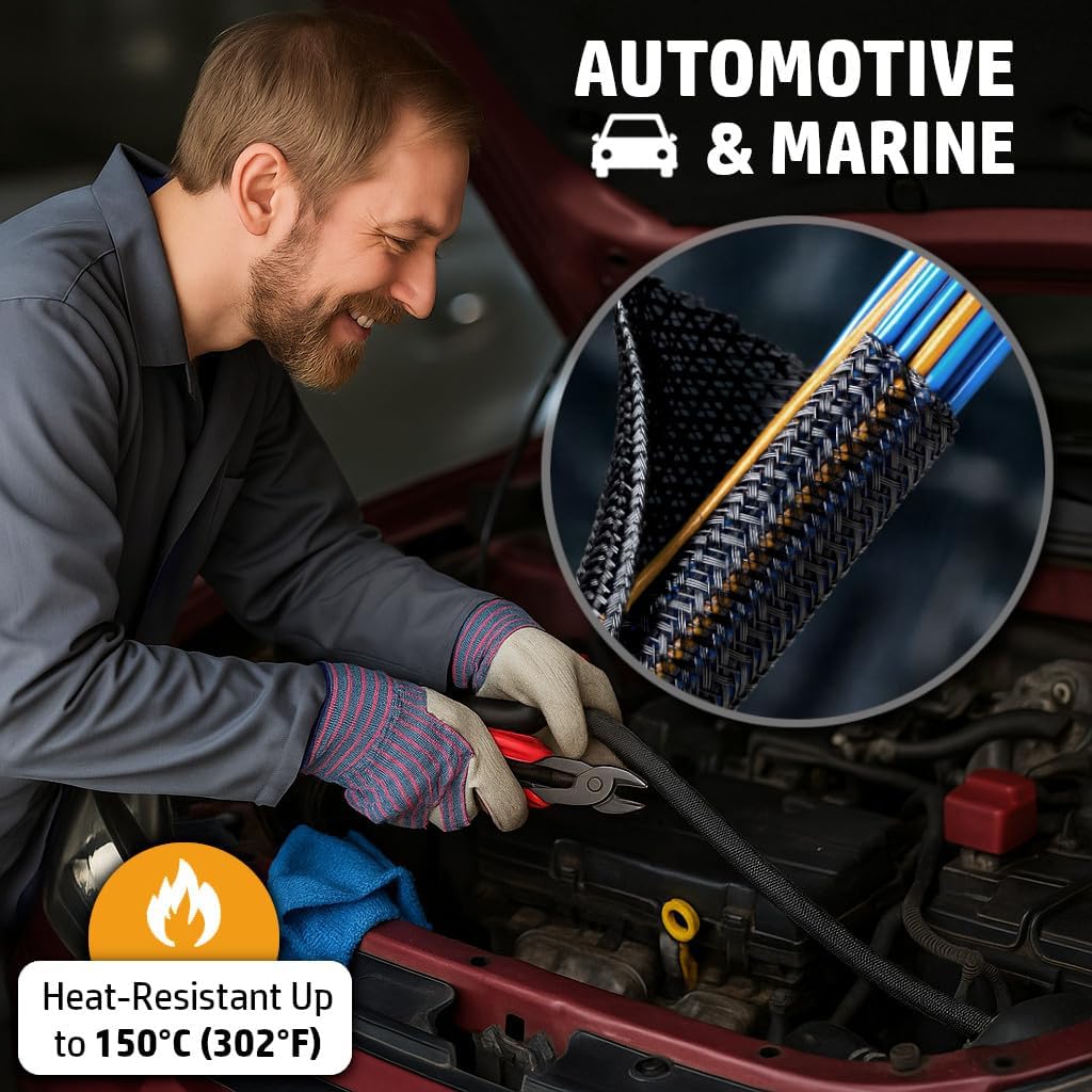 Braided Split-Sleeve Wire Loom for High-Temperature Automotive Harness and Home Cable Management 25 feet (1/4") - view 4