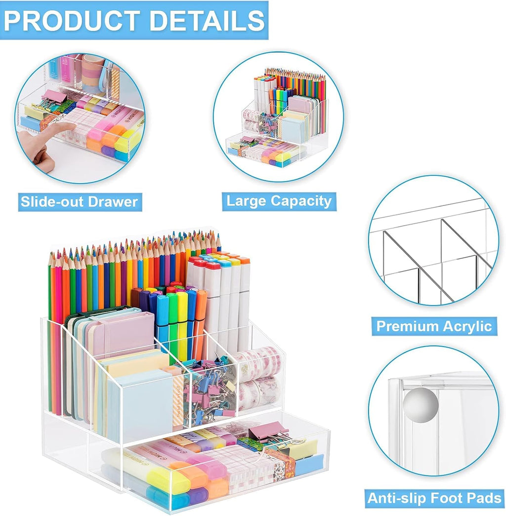 Acrylic Desk Organizer, Upgraded Clear Pencil Organizer for Desk, 7 Compartments Stationary Pen Organizer Storage with Drawer, for Office Supply, 500+ Pencils Capacity - view 2