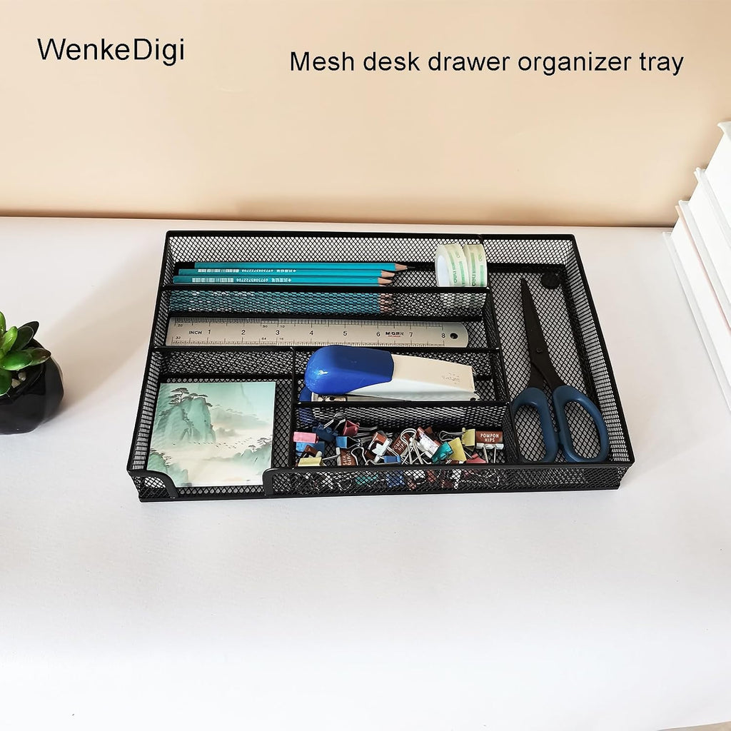 Metal Mesh Desk Drawer Organizer Tray, 6-Compartment Office Drawer Organizer for Pens Supplies, 12.6"x8.27"x1.57" Black - view 7