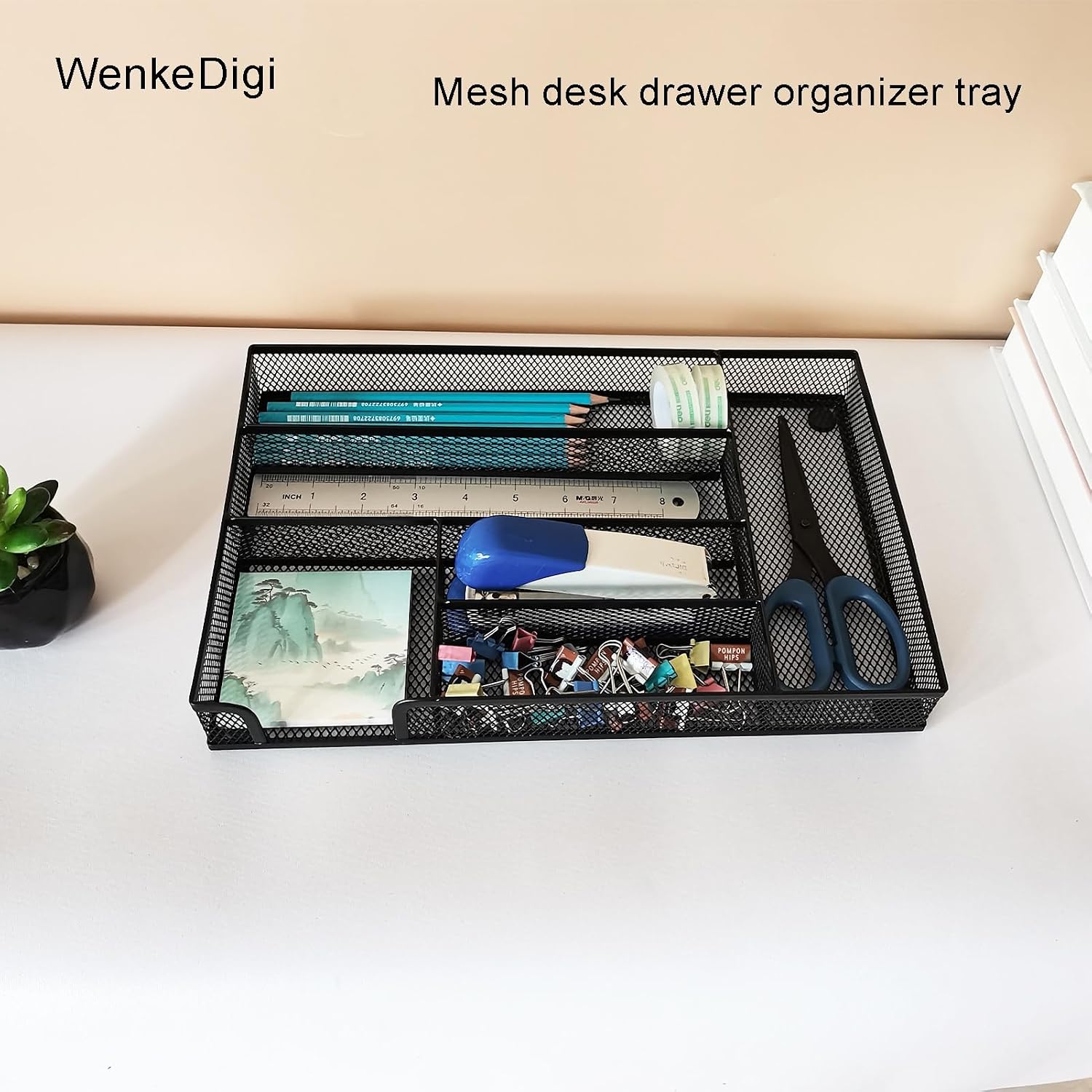 Metal Mesh Desk Drawer Organizer Tray, 6-Compartment Office Drawer Organizer for Pens Supplies, 12.6"x8.27"x1.57" Black - view 7