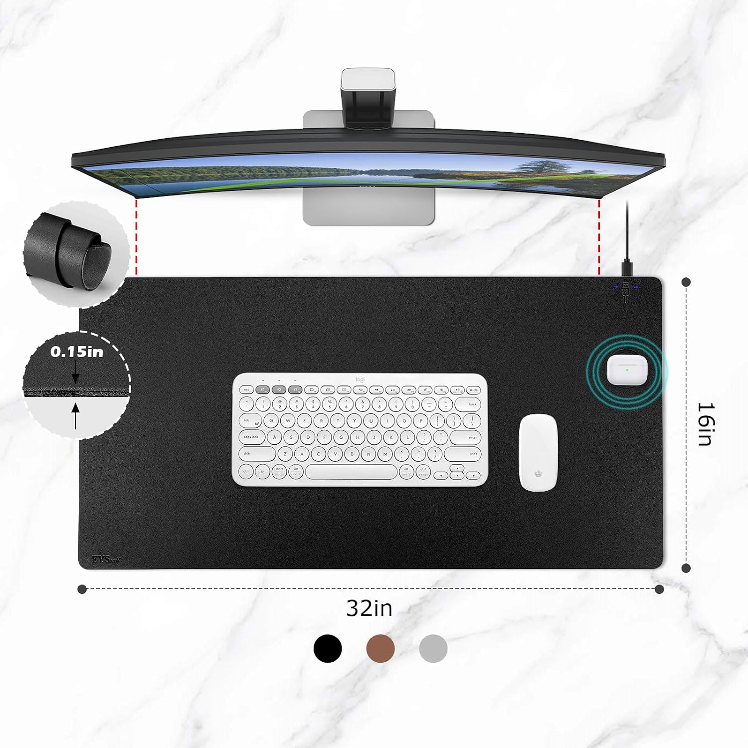 Desk Pad with Wireless Charger, Leather, Waterproof, Anti-Slip Wool Felt Base Material, Office Table Mat, Fast Charging Gaming Mouse Pad, 32”(L) x 16”(W), Black (Right Side Charging Port) - view 5