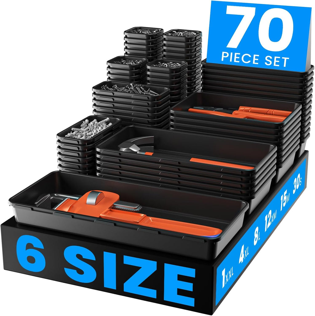 70 6 size tool box organizer tray divider set, black desk drawer organizer, garage organization and storage toolbox accessories rolling tool chest cart cabinet workbench small part