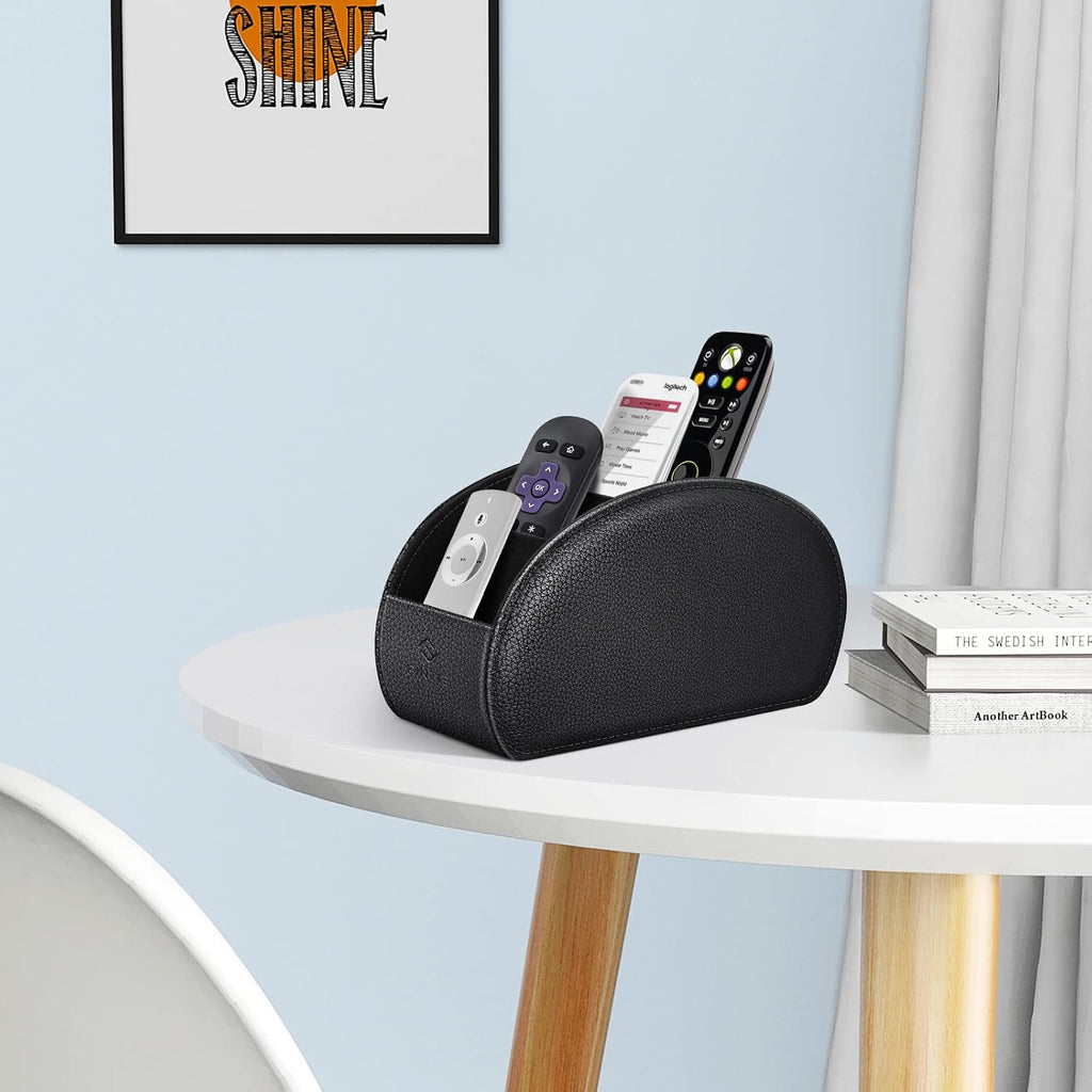 Remote Control Holder with 6 Compartments Vegan Leather | TV Remoter Caddy Desktop Makeup Brush Holder Storage, Fits TV Remotes, Media Controllers, Office Supplies, Black - view 4