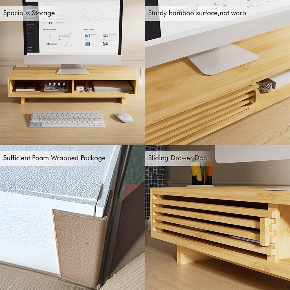 Computer Monitor Stand with Drawer, Dual Laptop Stand for Desk,Single Monitor Riser with Storage,Wood Office Desk Organizer & Accessories - view 2