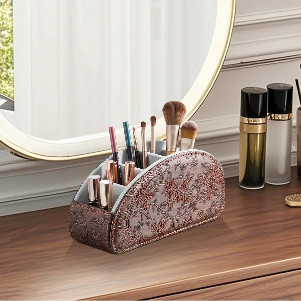 All-in-one TV remote holder/caddy for remote controls with 5 compartments | PU leather nightstand desktop storage box organizer/tray for makeup, media player controller, phone, pen, office desk accessories - view 6