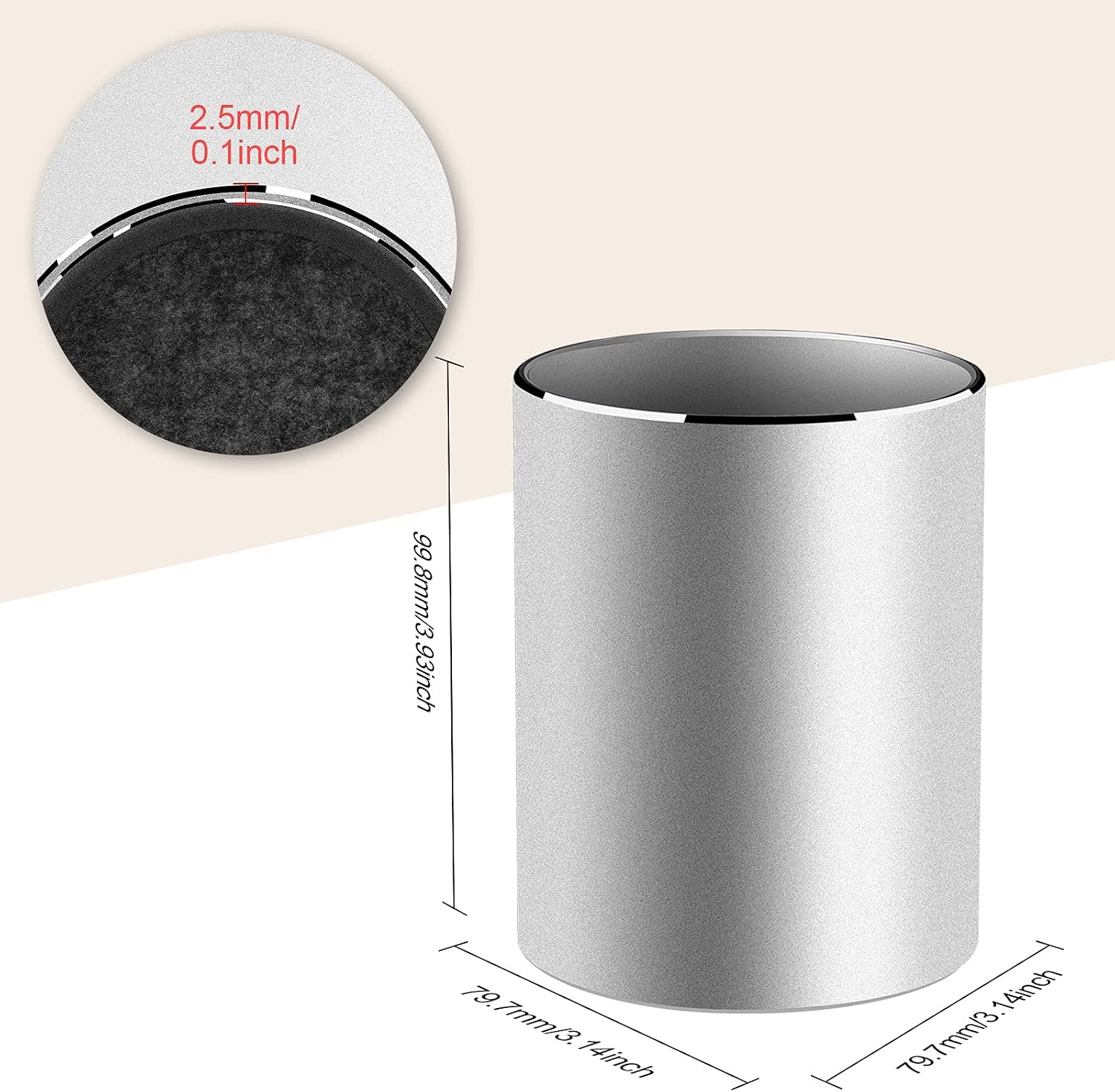 Metal Pen Holder Aluminum Pencil Holder for desk, Round Desktop Organizer and Silver Pencil Cup for Office, School, Home and Stationary Supplies (3.15 x 3.15 x 3.94 Inches) - view 7