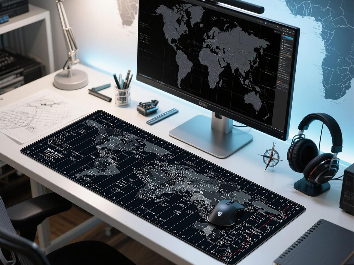 Large mouse pad 35.4x15.7 inch world map - XXL gaming desk mat with non-slip rubber base, stitched edges | keyboard and mouse pad for gaming/office | portable desk pad - view 4