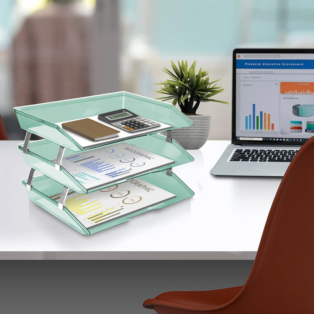 Facility 3 Tier Letter Tray, Side Load, Letter Size/A4, Desktop File Organizer, Plastic (Clear Green Color) | Document Tray with Aluminum Rods - view 4