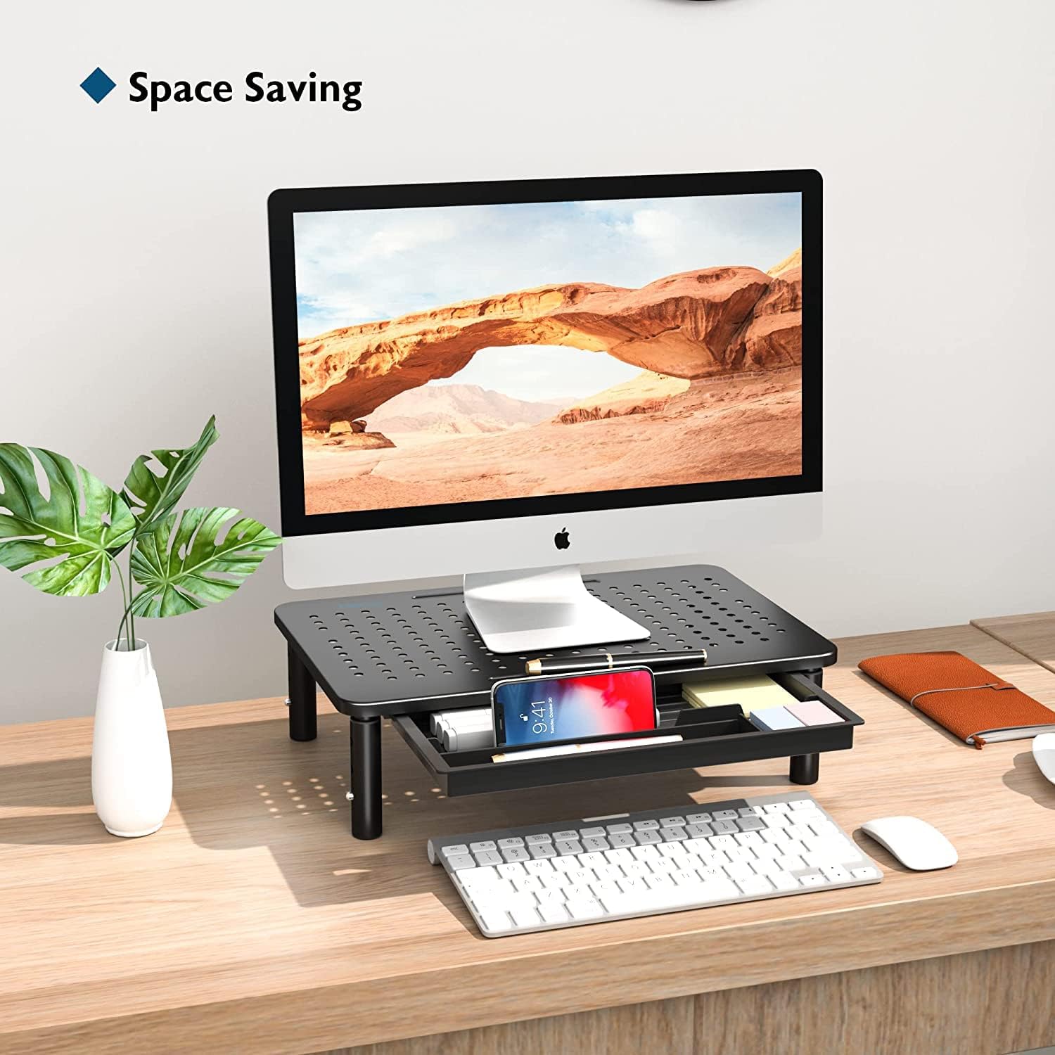 2 Pack Adjustable Monitor Stand Riser with Drawer, Supports 44lbs | Ergonomic Mesh Platform for Desk, Ventilated Laptop and PC Use with Cable Management for a Cooler, Organized Workspace - view 2