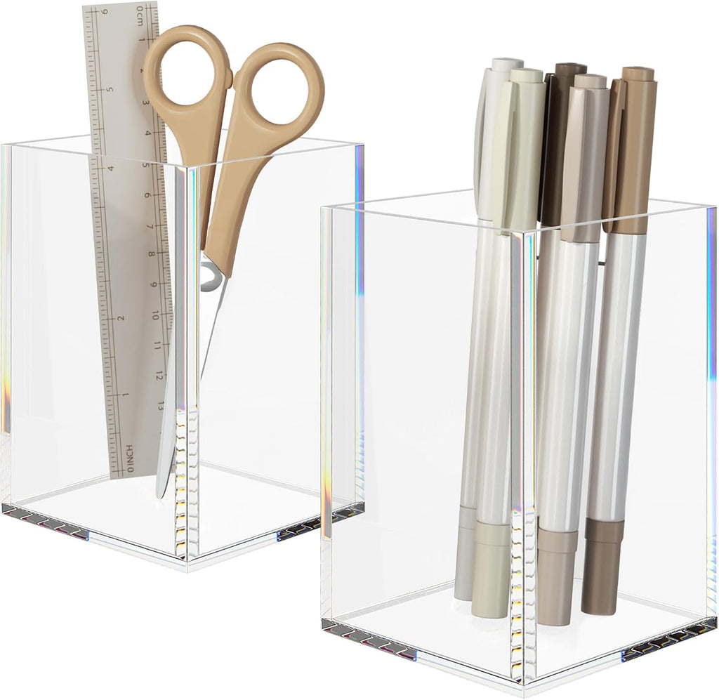 Acrylic Pen Holder for Desk, Clear Pencil Cup Organizer 2 Packs | Acrylic clear acrylic pen holder, durable transparent design organizes stationery and makeup tools for students and workers