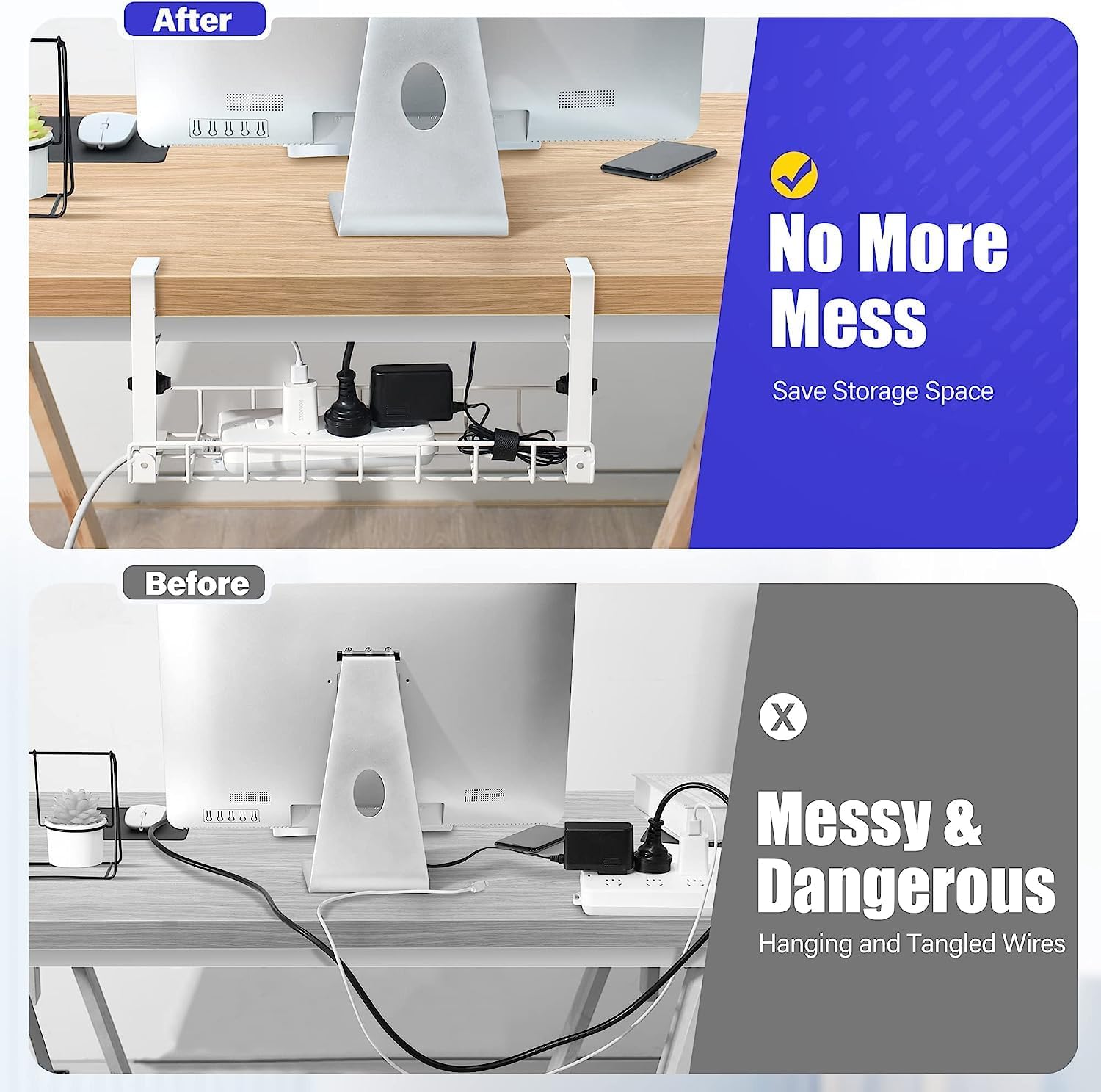 Under Desk Cable Management Tray, Upgraded Wire Management No Drill No Screws, Cable Tray with Clamp for Wire Organizers, Computer Cord Rack for Office, Home - No Damage to Desk White - view 3