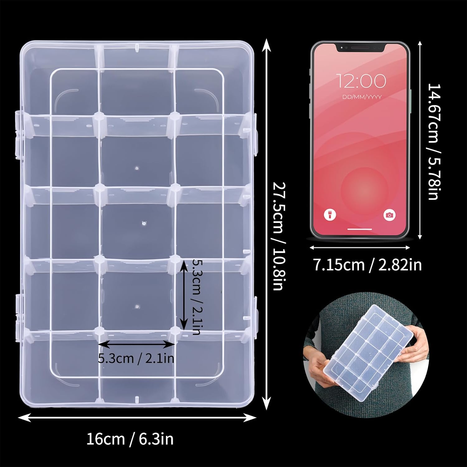 Bead organizer storage 2 pack 15 grid clear plastic tackle box adjustable | clear plastic, adjustable dividers, label stickers included, for beads crafts jewelry fishing tackle and small parts - view 2