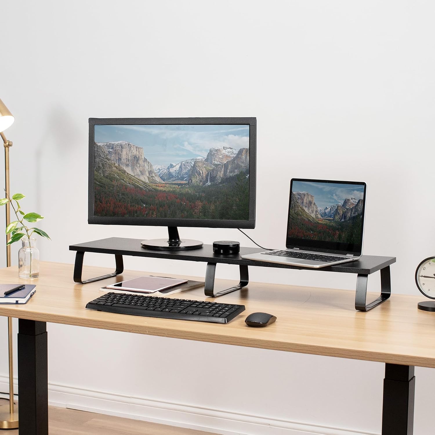 39 inch Extra Long Monitor Stand, Wood & Steel Desktop Riser, Dual Screen, TV, Keyboard, Laptop, Ergonomic Desk and Tabletop Organizer, Black, STAND-V000DL - view 2