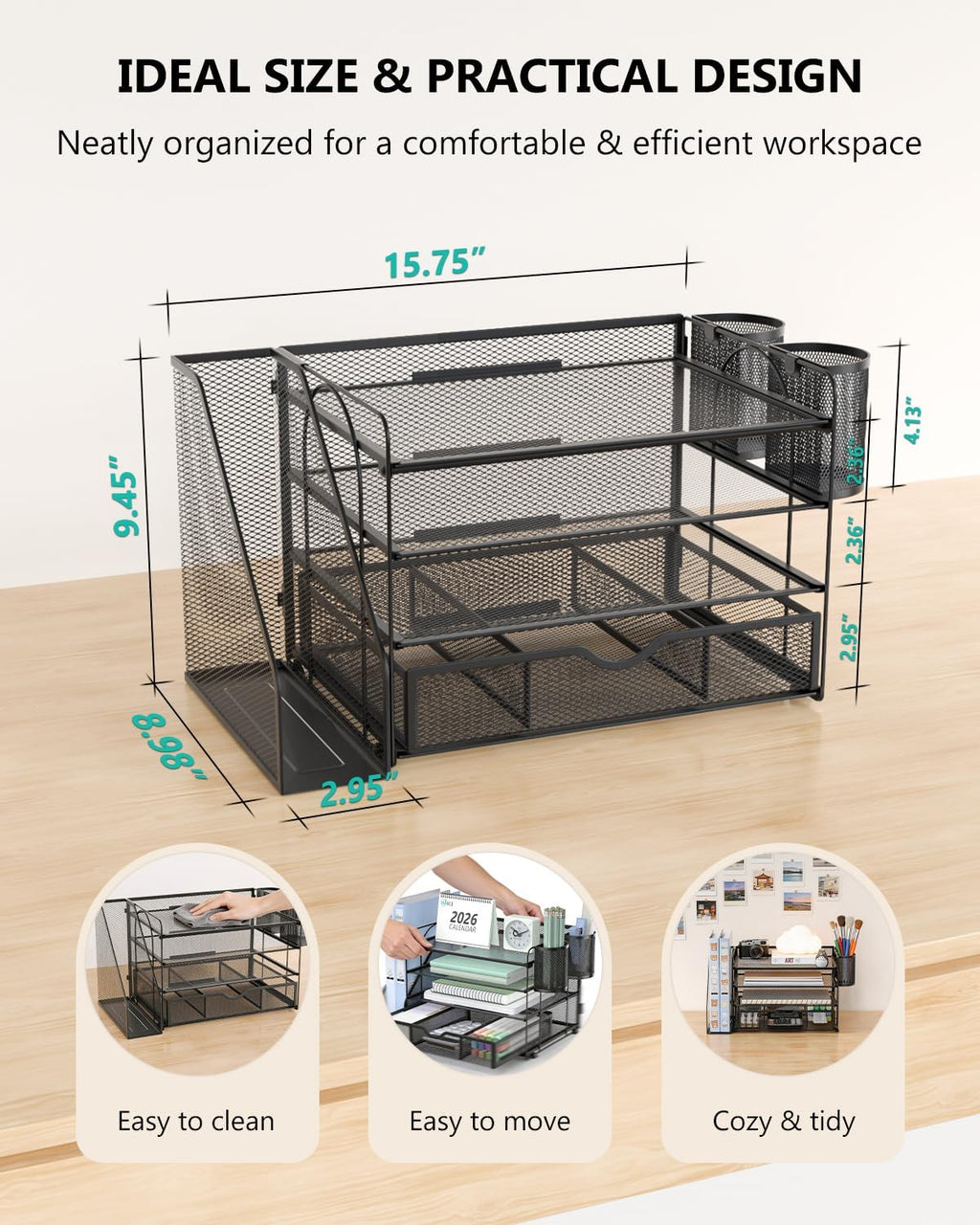 Desk File Organizer, 4 Tier Desktop Paper Letter Tray Organizer with Drawer and 2 Pen Holders, Office Desk Accessories & Workspace Organizers for Office, Home Supplies(DO005DH-B), 1 Pack, Black - view 8