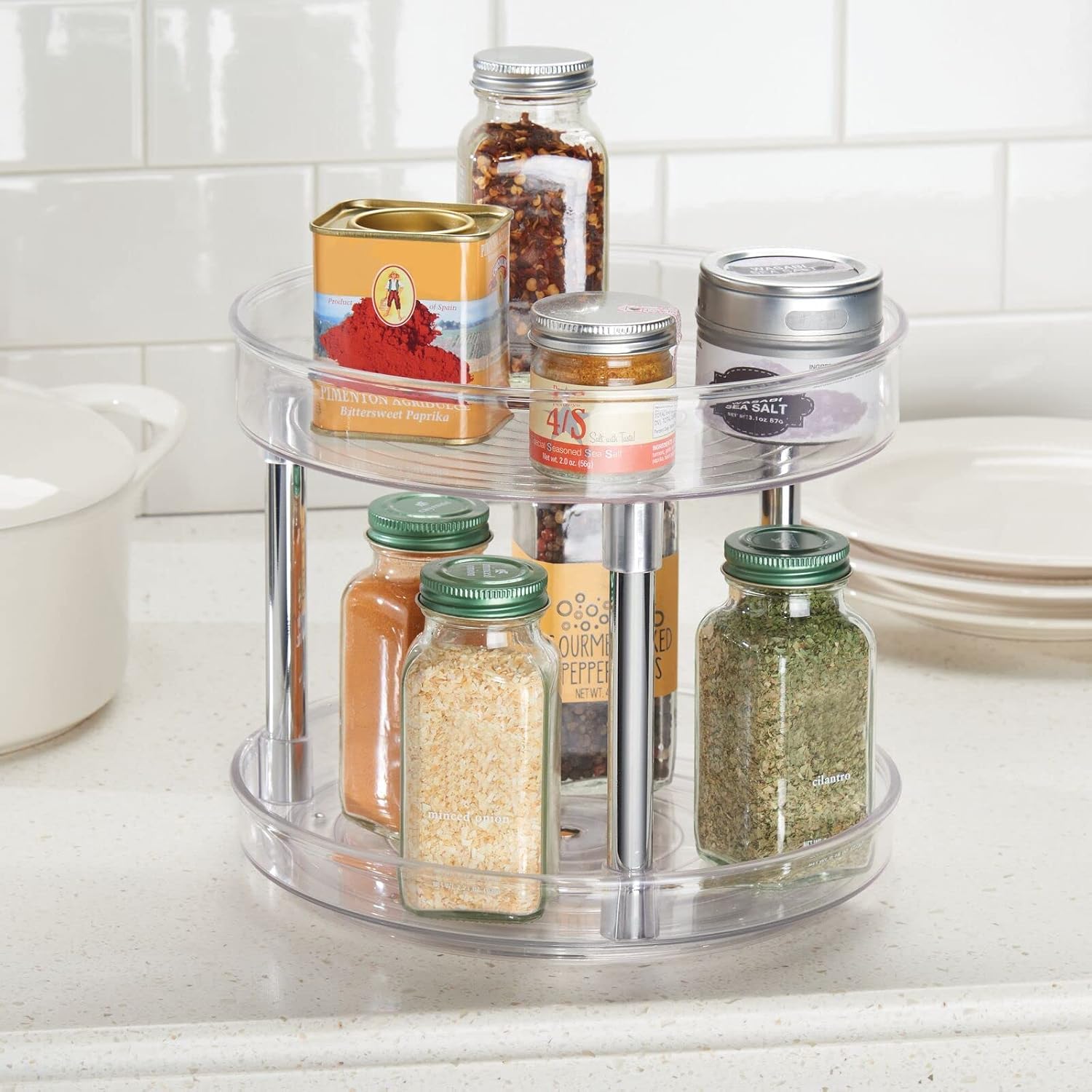 2-Tier Lazy Susan Turntable for Kitchen Cabinets, Shelf, Table, Countertop, 9" Multi Level Rotating Organizer Carousel, Storage Turntable Organizer, Ligne Collection, 2 Pack, Clear/Chrome - view 3