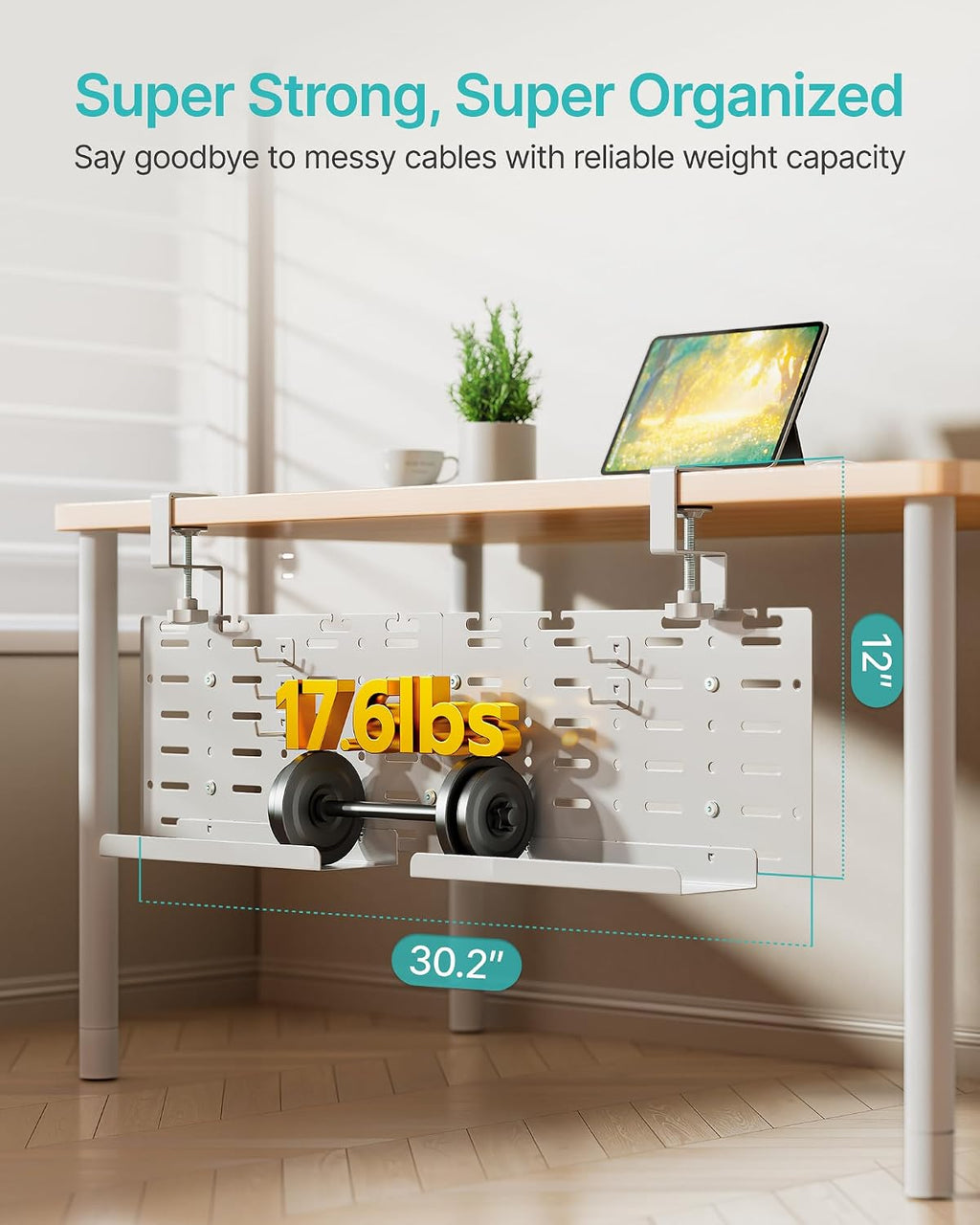 Under Desk Cable Management Tray, 30.2" No-Drill C-Clamp Pegboard | with 5 Hooks, 2 Trays & 79" Tie Roll, On/Under Desk Mount for Power Cords, Vertical Metal Organizer for Home Office, White - view 3