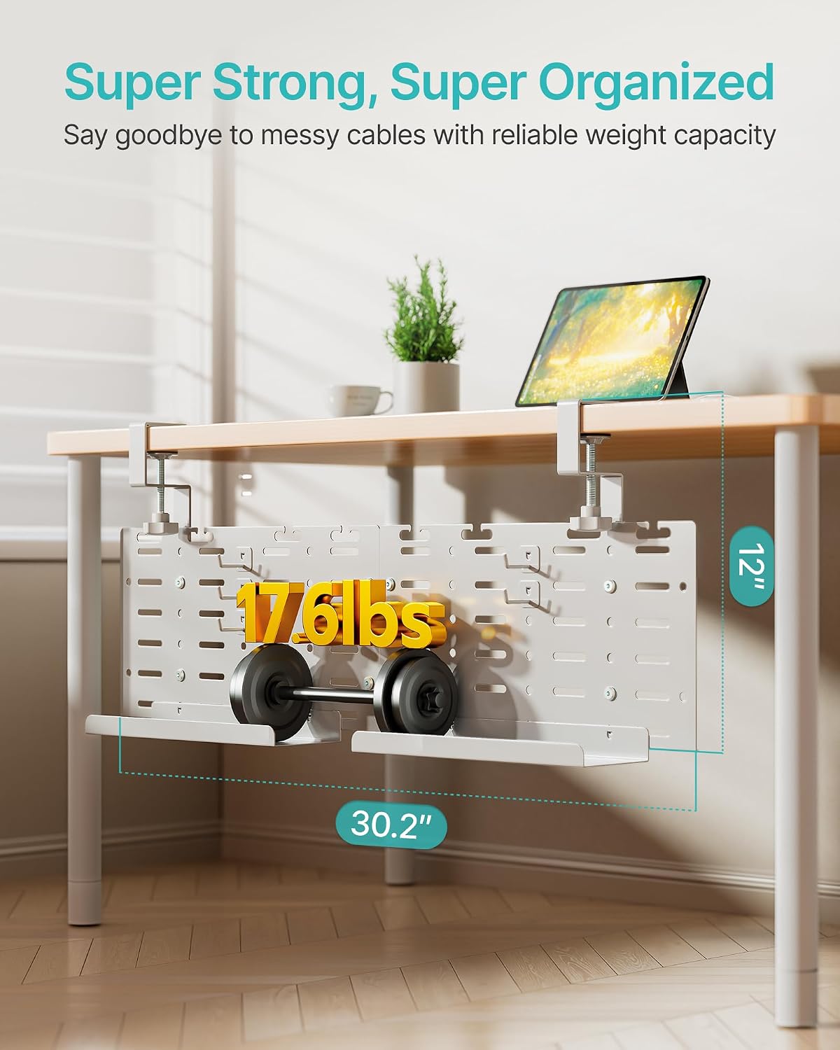 Under Desk Cable Management Tray, 30.2" No-Drill C-Clamp Pegboard | with 5 Hooks, 2 Trays & 79" Tie Roll, On/Under Desk Mount for Power Cords, Vertical Metal Organizer for Home Office, White - view 3
