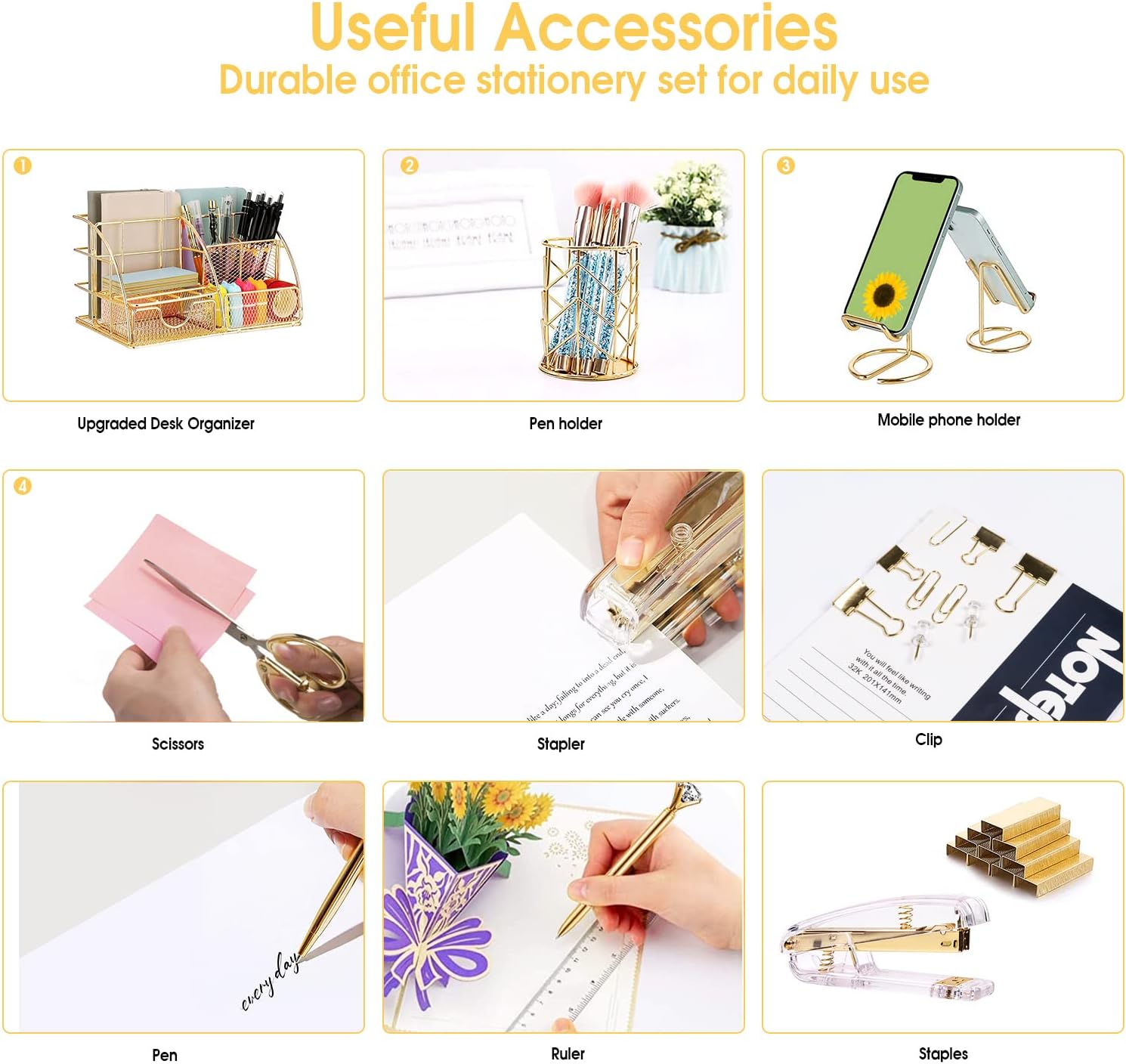 Gold Desk Organizers and Accessories Office Supplies Set Stapler, Pen Holder, Phone Holder, Scissors, Pen, Ruler, 30 Paper Clips, 22 Binder Clip, 20 Tacks and 1000pcs Staples (Gold) - view 5