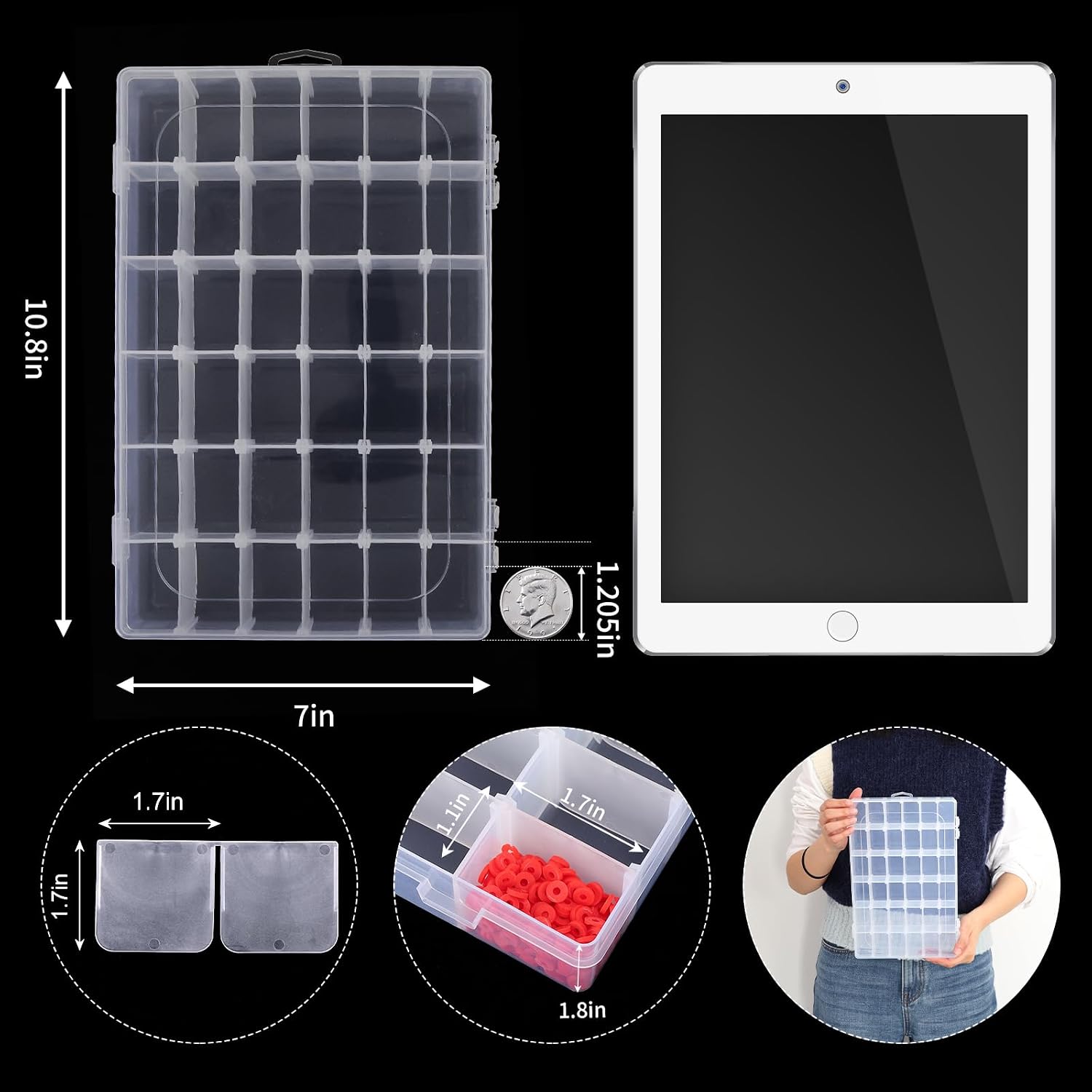 Bead organizer storage 2 pack 36 grid jewelry tackle craft box adjustable | clear plastic, adjustable dividers, label stickers included, for beads jewelry crafts fishing tackle and small parts - view 2