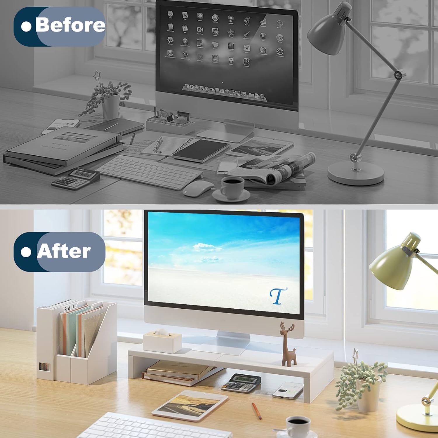 20 inch white monitor stand riser, wood desktop computer stand | fits laptop, printer, TV, PC tower, full keyboard storage underneath, ergonomic, desk organizer for home office gaming vanity - view 6
