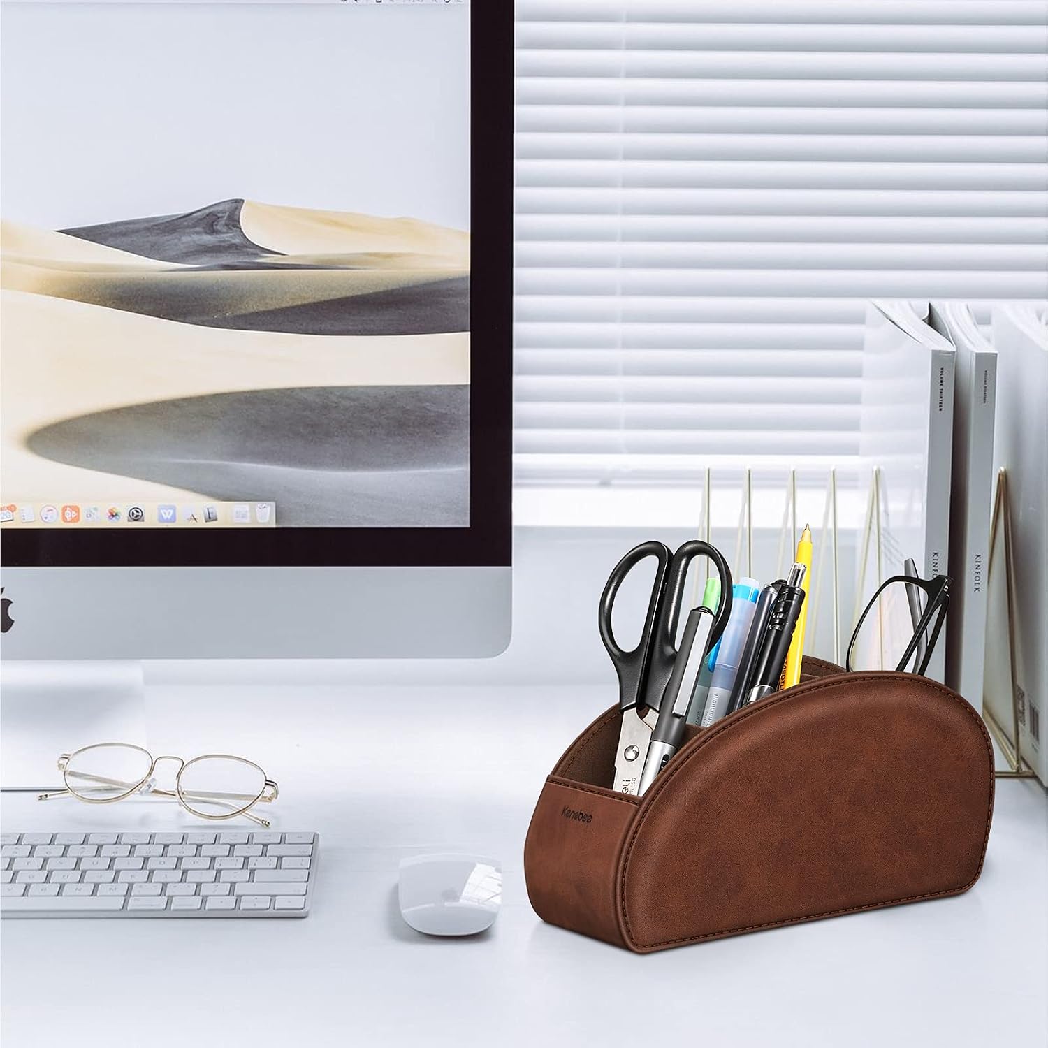 Remote control holder with 5 compartments, brown | vegan leather, anti-slip, desktop caddy storage organizer, for office supplies, makeup brush, media accessories - view 5