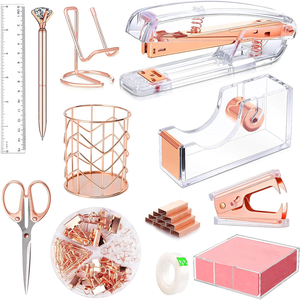 Rose gold office supplies and accessories, acrylic stapler, staple remover, tape holder, ballpoint pen, scissor, binder clips, staples, phone holder, ruler, transparent glue and 300 notes