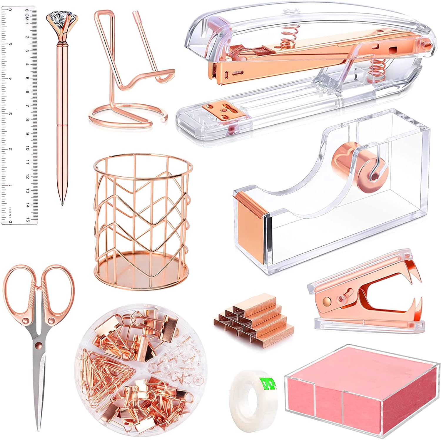 Rose gold office supplies and accessories, acrylic stapler, staple remover, tape holder, ballpoint pen, scissor, binder clips, staples, phone holder, ruler, transparent glue and 300 notes