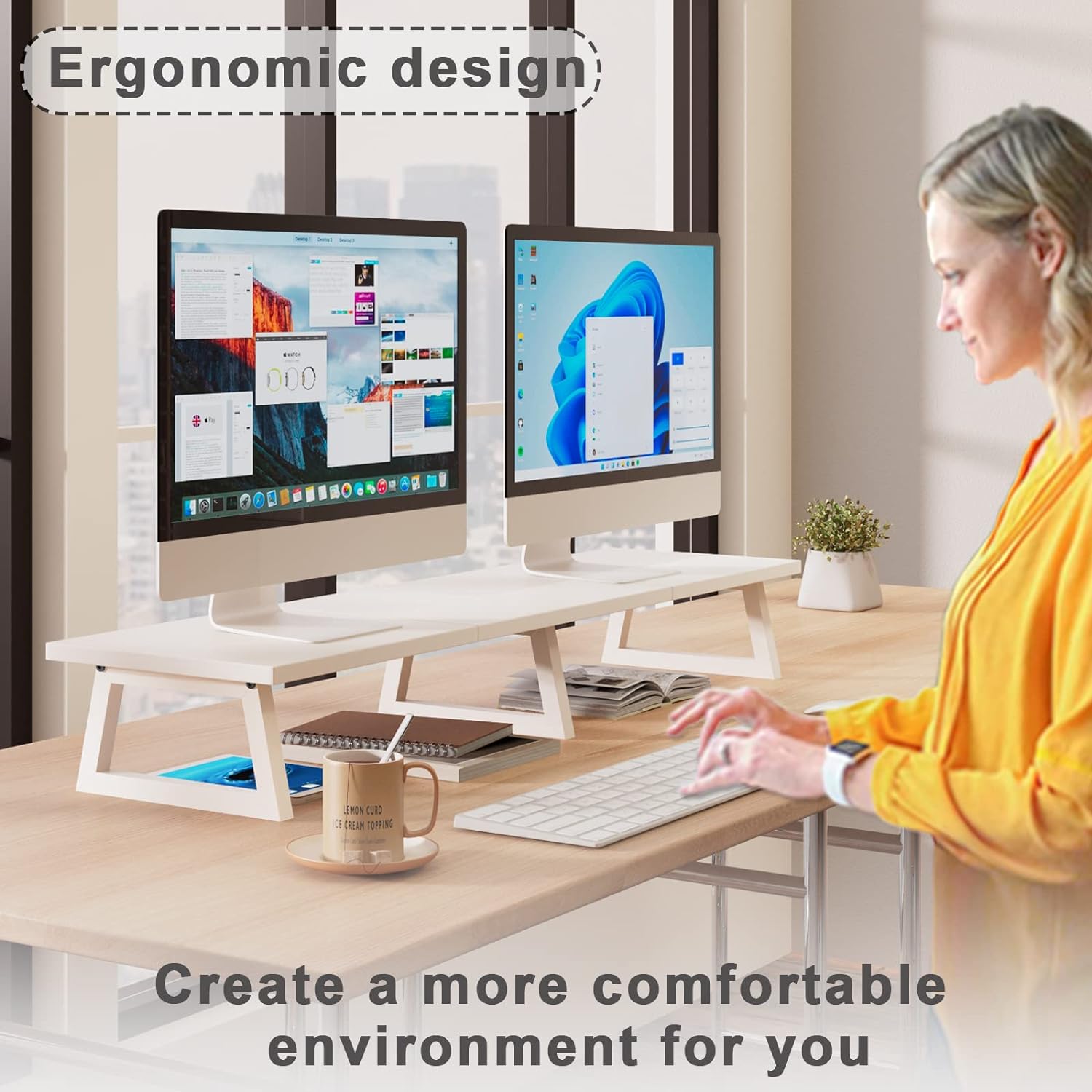 42 inch dual monitor riser white, desk organizer stand for TV laptop | extra long stand riser for 2 monitors, wood & steel TV riser, holds 300lbs, keyboard & PS5 storage, for home office & gaming - view 3