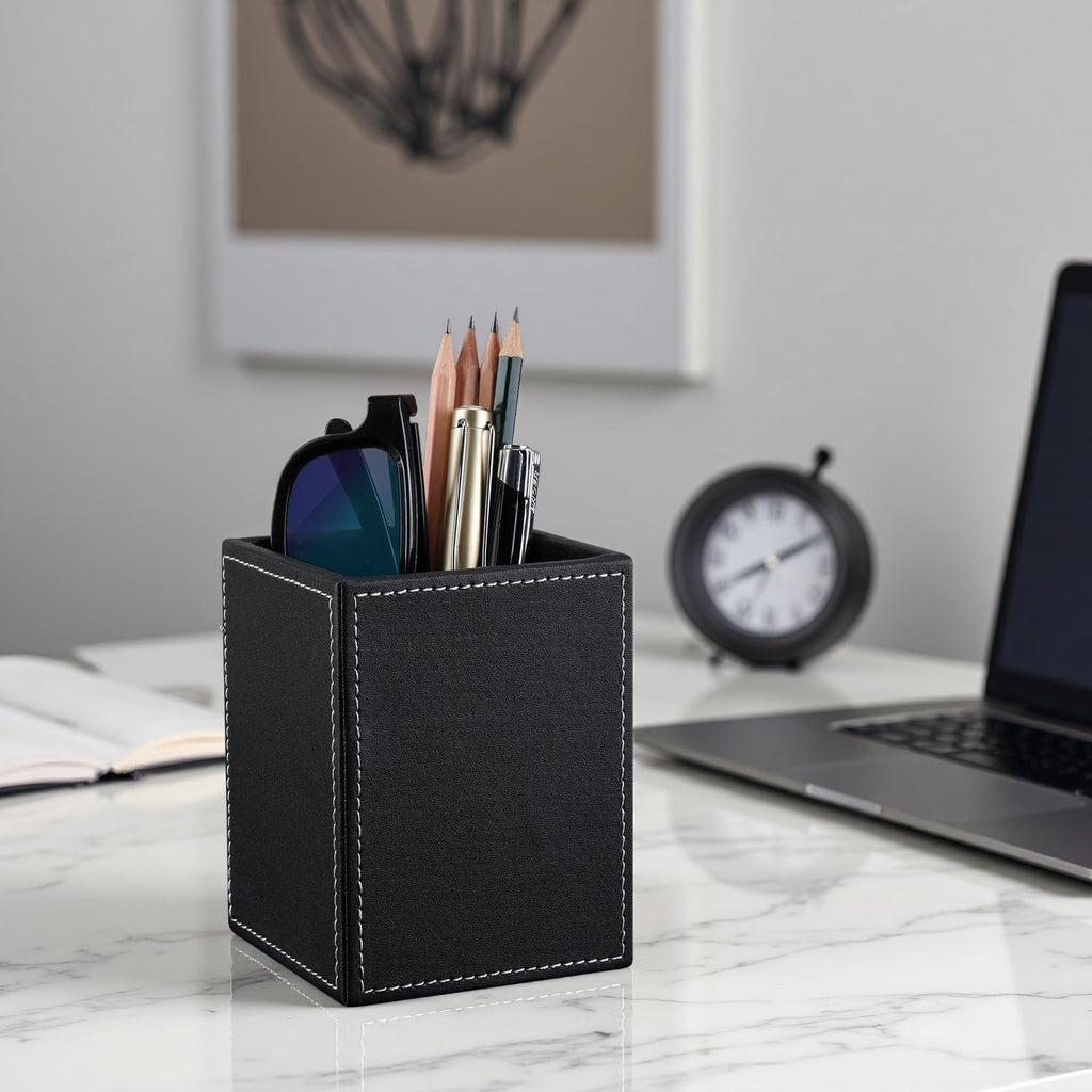 PU Leather Square Pens Pencils Holder Cup Desktop Stationery Organizer Case Office Accessories Container Box (black) - view 8
