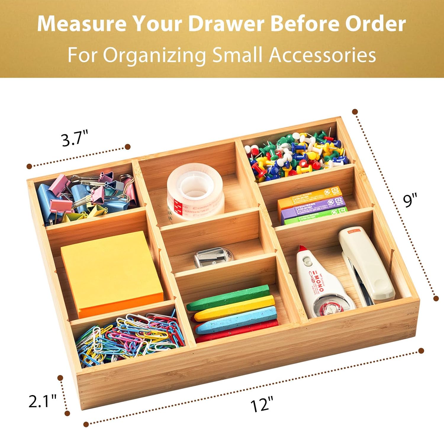 Bamboo Desk Drawer Organizer, Wood Junk Organizer Tray with Adjustable Dividers, Anti-Skip Storage Organization in Office Bathroom Drawer for Vanity, Makeup, 12" x 9" - view 3