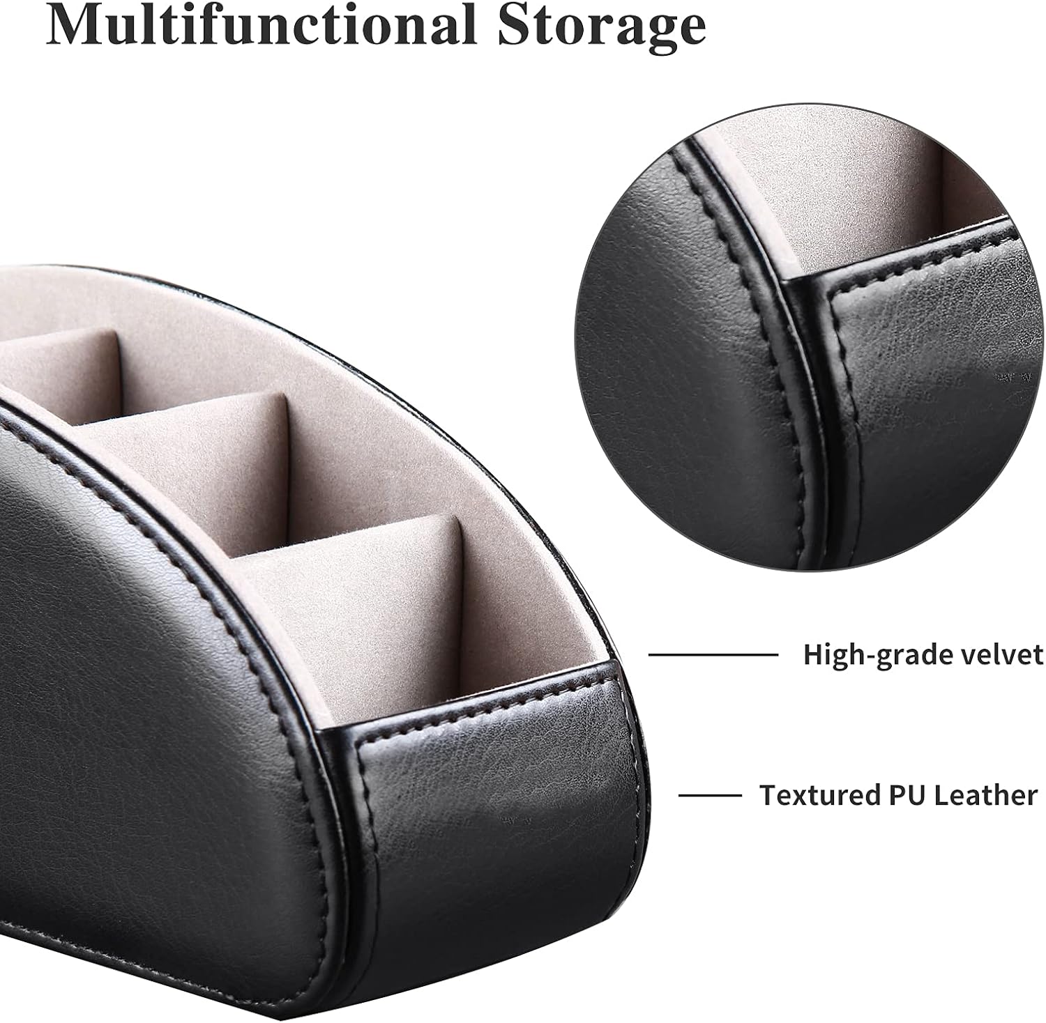 All-in-one leather TV remote control holder black with 5 compartments nightstand desktop DVD media player remote caddy storage box organizer tray for makeup brush pen stationery table controllers - view 2