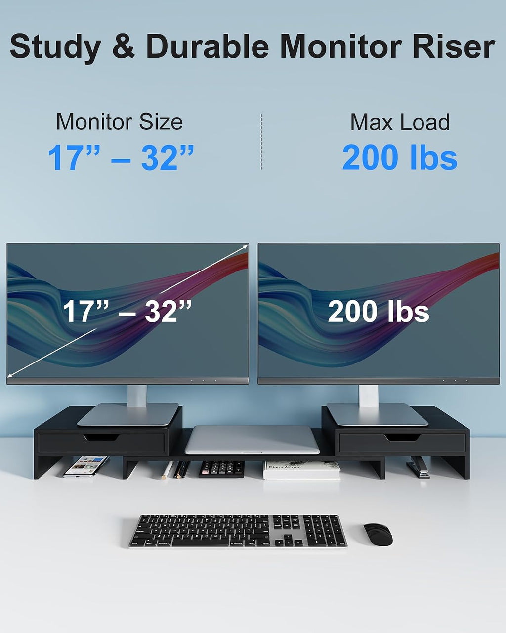 Dual Monitor Riser with Two Drawer for Desk, No Assembly Required | Premium Bamboo Dual Monitor Stand with Storage, Desk Monitor Shelf for Computer, IMac & Laptop, Desk Organizer, Black - view 4