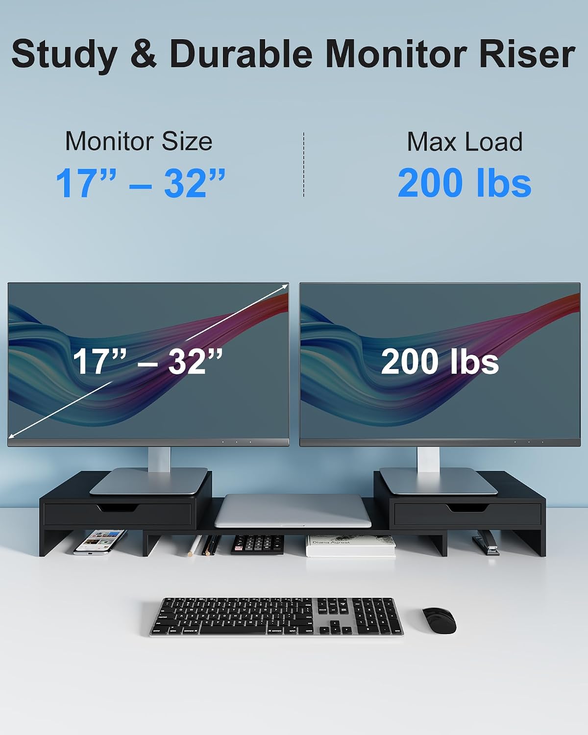 Dual Monitor Riser with Two Drawer for Desk, No Assembly Required | Premium Bamboo Dual Monitor Stand with Storage, Desk Monitor Shelf for Computer, IMac & Laptop, Desk Organizer, Black - view 4