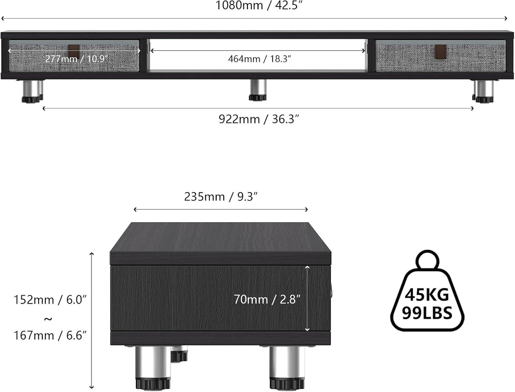 Dual Monitor Stand, 2-Tier Desk Organizer with Drawers, 42.5in, Black | Storage Fabric Drawer, Ergonomic Height Adjustable, Desk Shelf for Top of Desk, Laptop, PC, TV, Home Office Organization - view 3