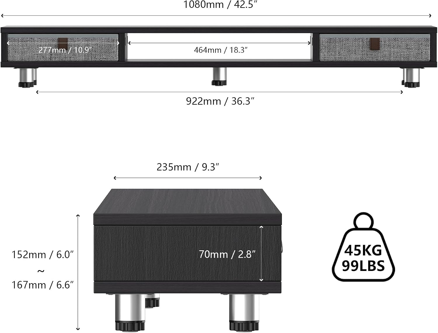 Dual Monitor Stand, 2-Tier Desk Organizer with Drawers, 42.5in, Black | Storage Fabric Drawer, Ergonomic Height Adjustable, Desk Shelf for Top of Desk, Laptop, PC, TV, Home Office Organization - view 3