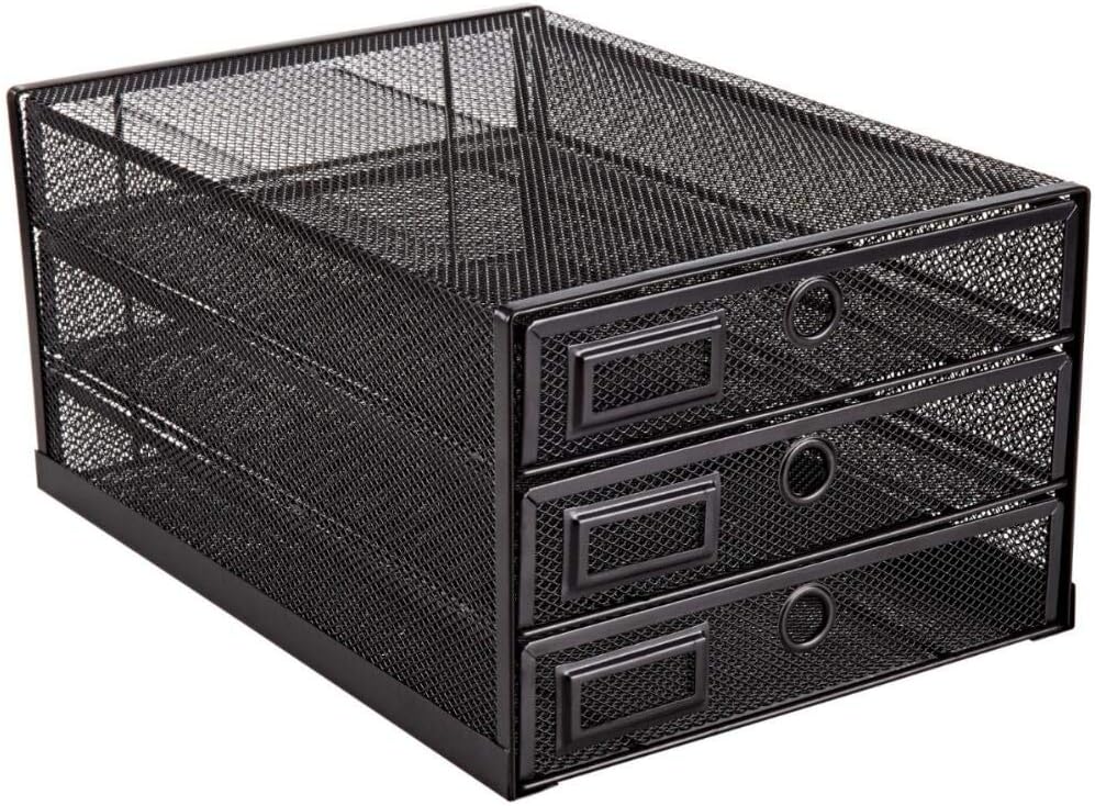 Desk Organizer Wire Mesh 3 Tier Sliding Drawers Paper Sorter/Multifunctional/Premium Solid Construction for Letters, Documents, Mail, Files, Paper, Kids' Art Supplies (Black)