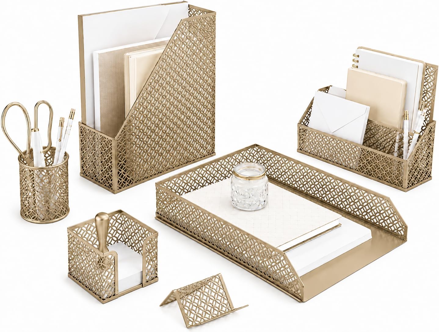 Gold Desk Organizer Set with Mail Sorter, Sticky Note Holder, Pen Cup, Magazine Holder, Letter Tray & Business Card Holder | Stylish Desk Accessories for Women & Home Office Décor